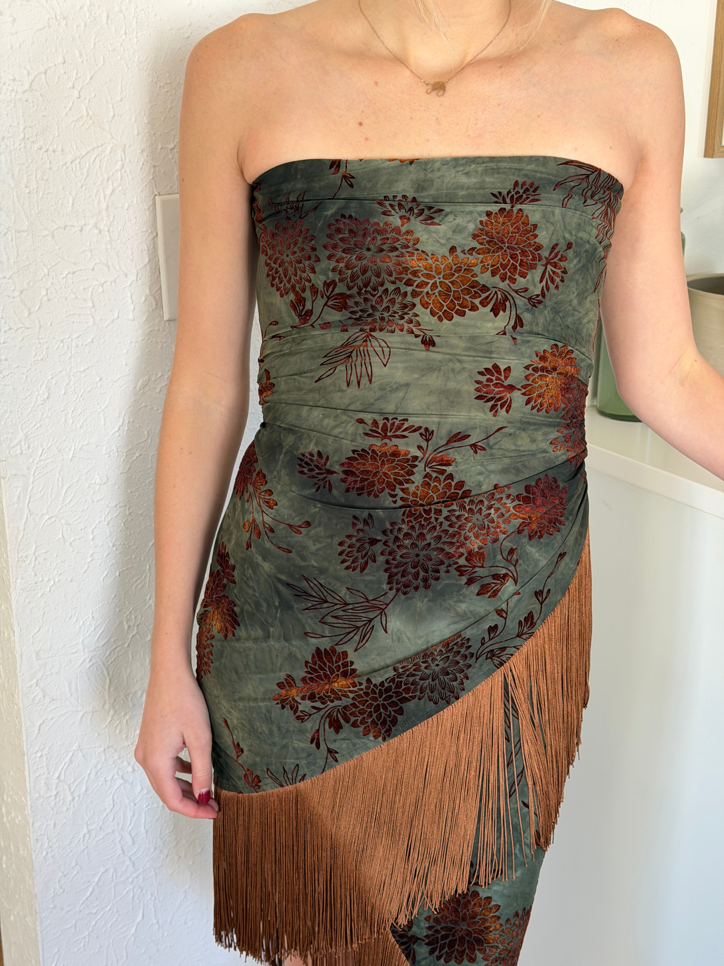 Carrie Green Velvet Strapless Asymmetrical Midi Dress