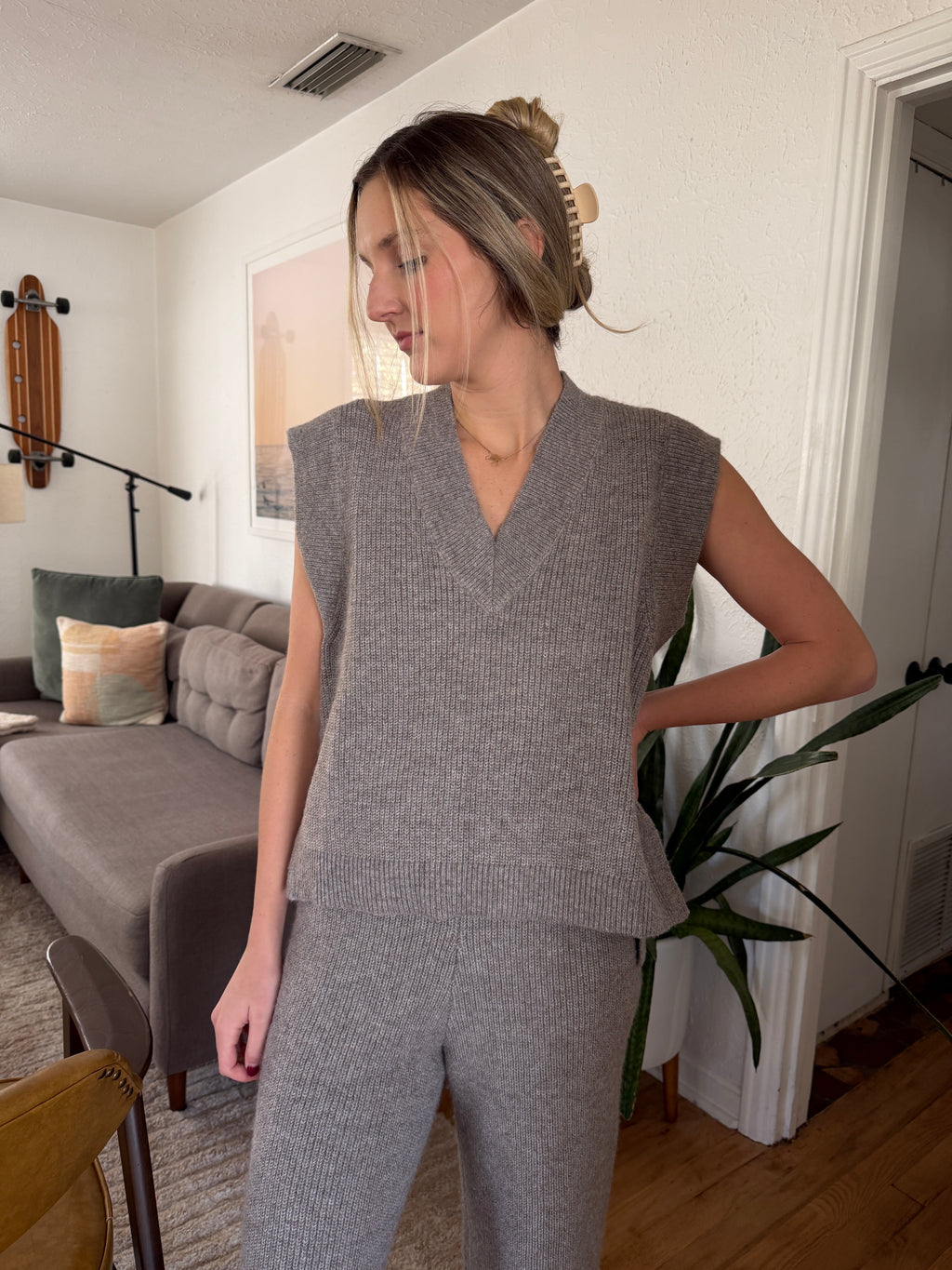 Miou Muse Camille Grey Knit V-Neck Vest Top