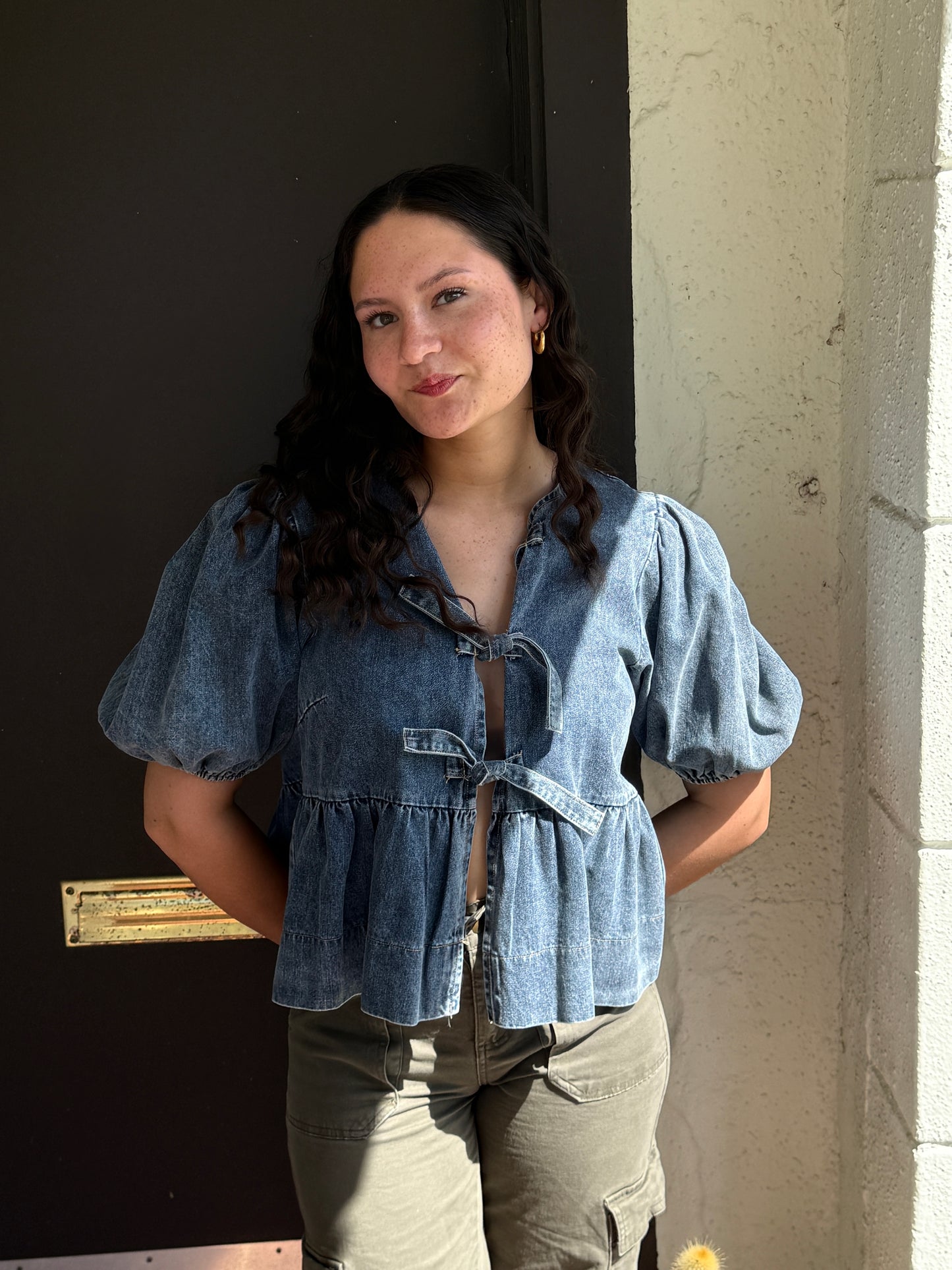 Sofie the Label Cara Medium Wash Denim Poplin Tie Top