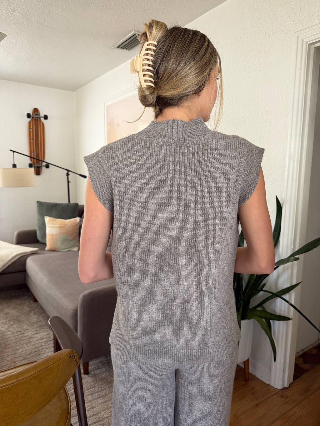 Miou Muse Camille Grey Knit V-Neck Vest Top
