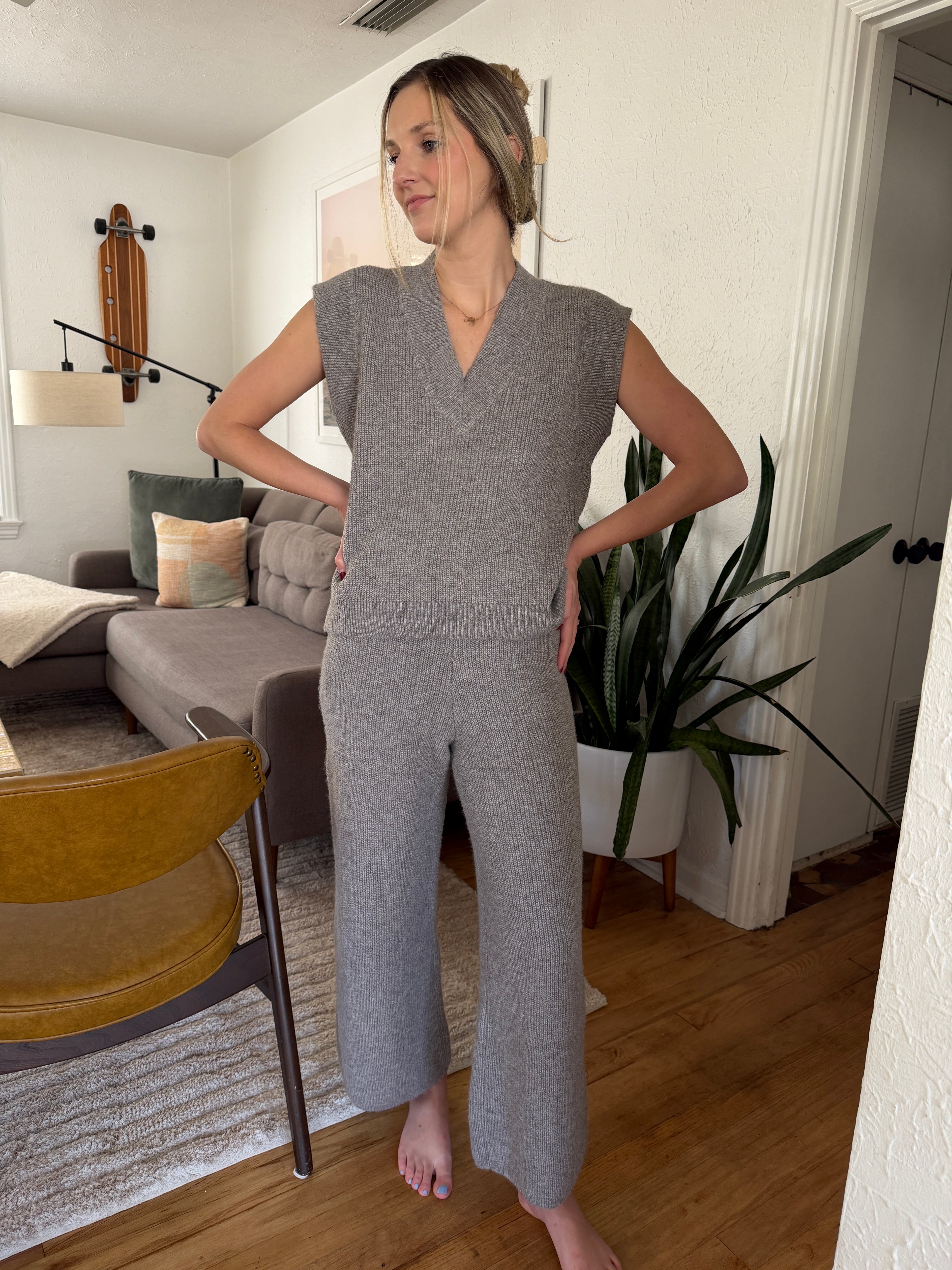 Miou Muse Camille Grey Knit Wide Leg Pants