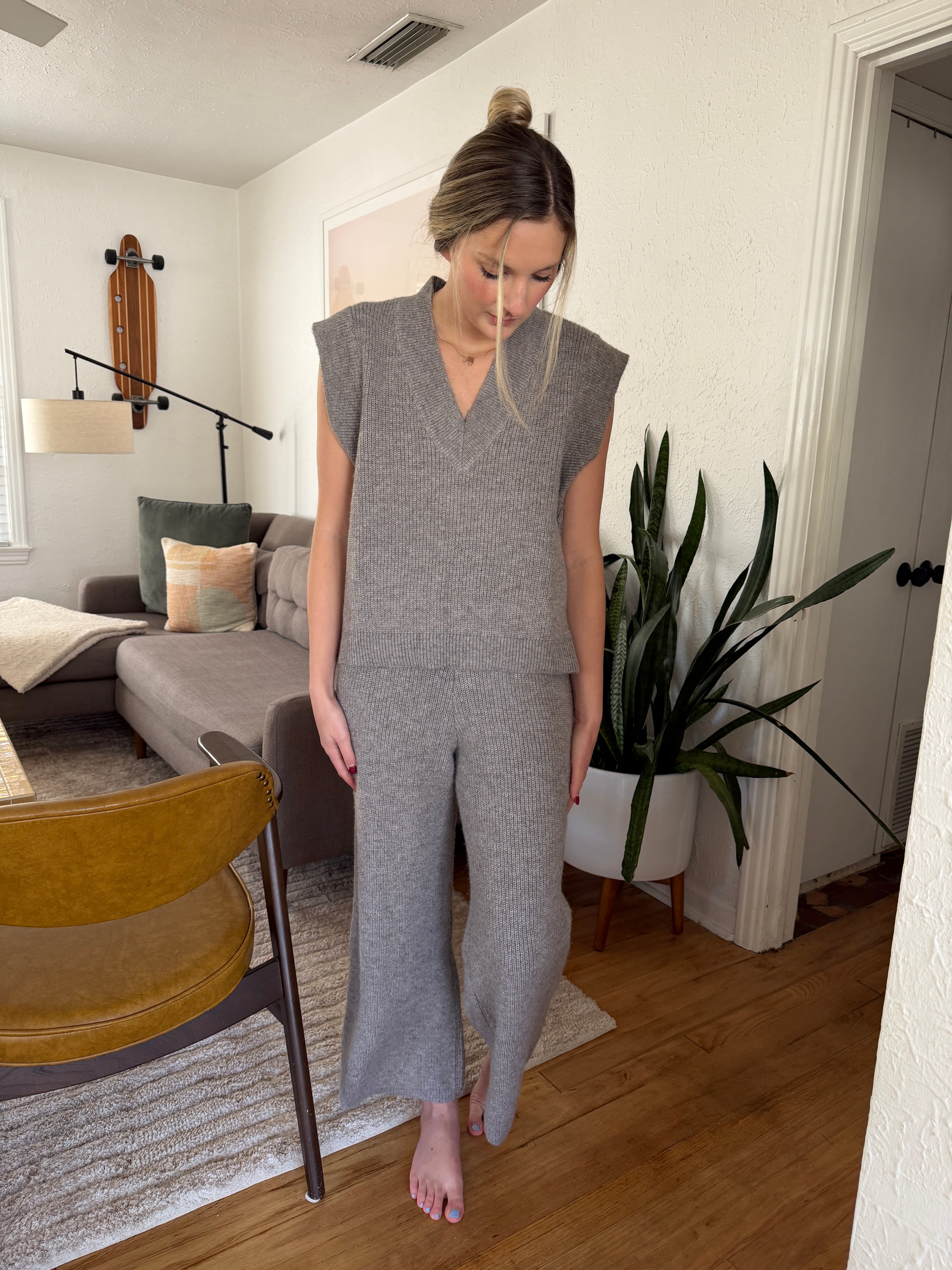 Miou Muse Camille Grey Knit Wide Leg Pants