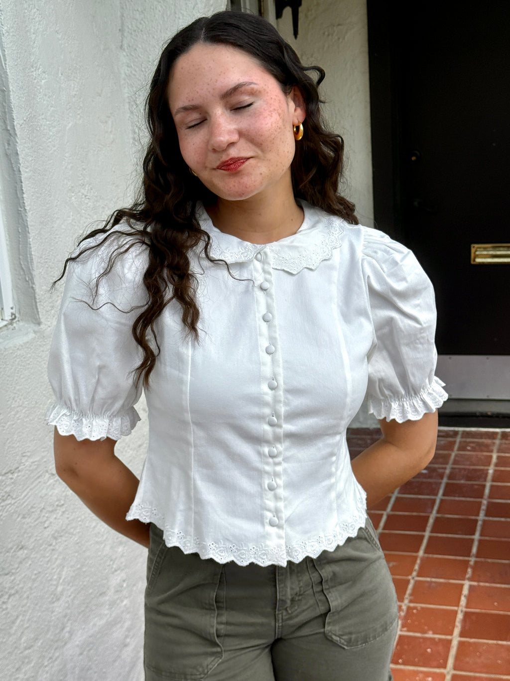 Sofie the Label Eloise White Eyelet Collared Puff Sleeve Top