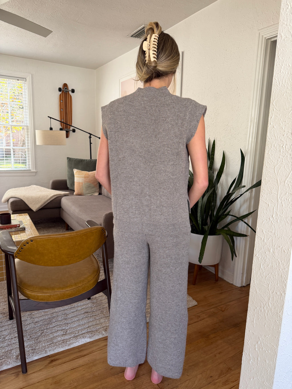 Miou Muse Camille Grey Knit Wide Leg Pants