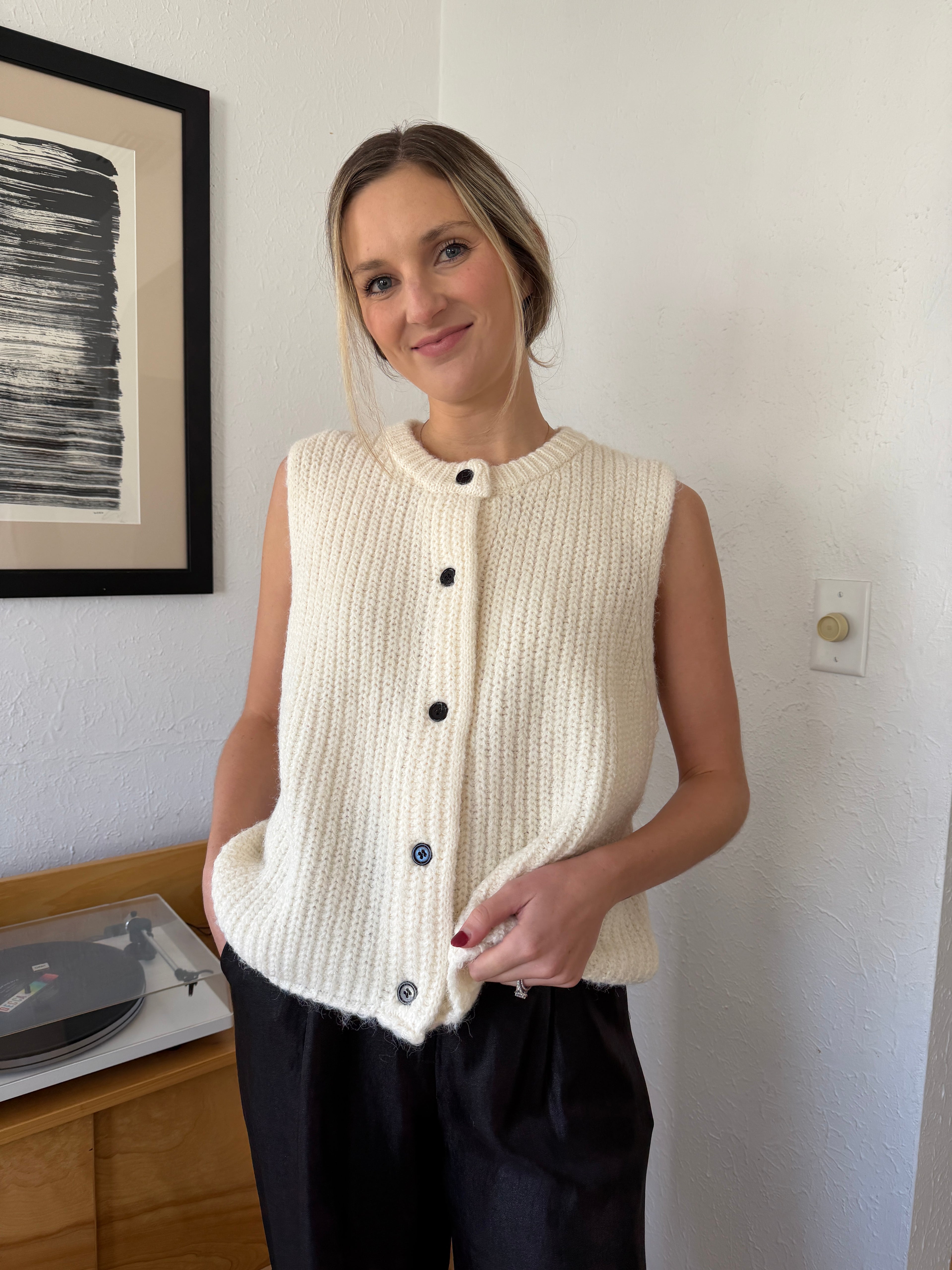 FRNCH Canelle Cream Wool Knit Buttoned Vest Top