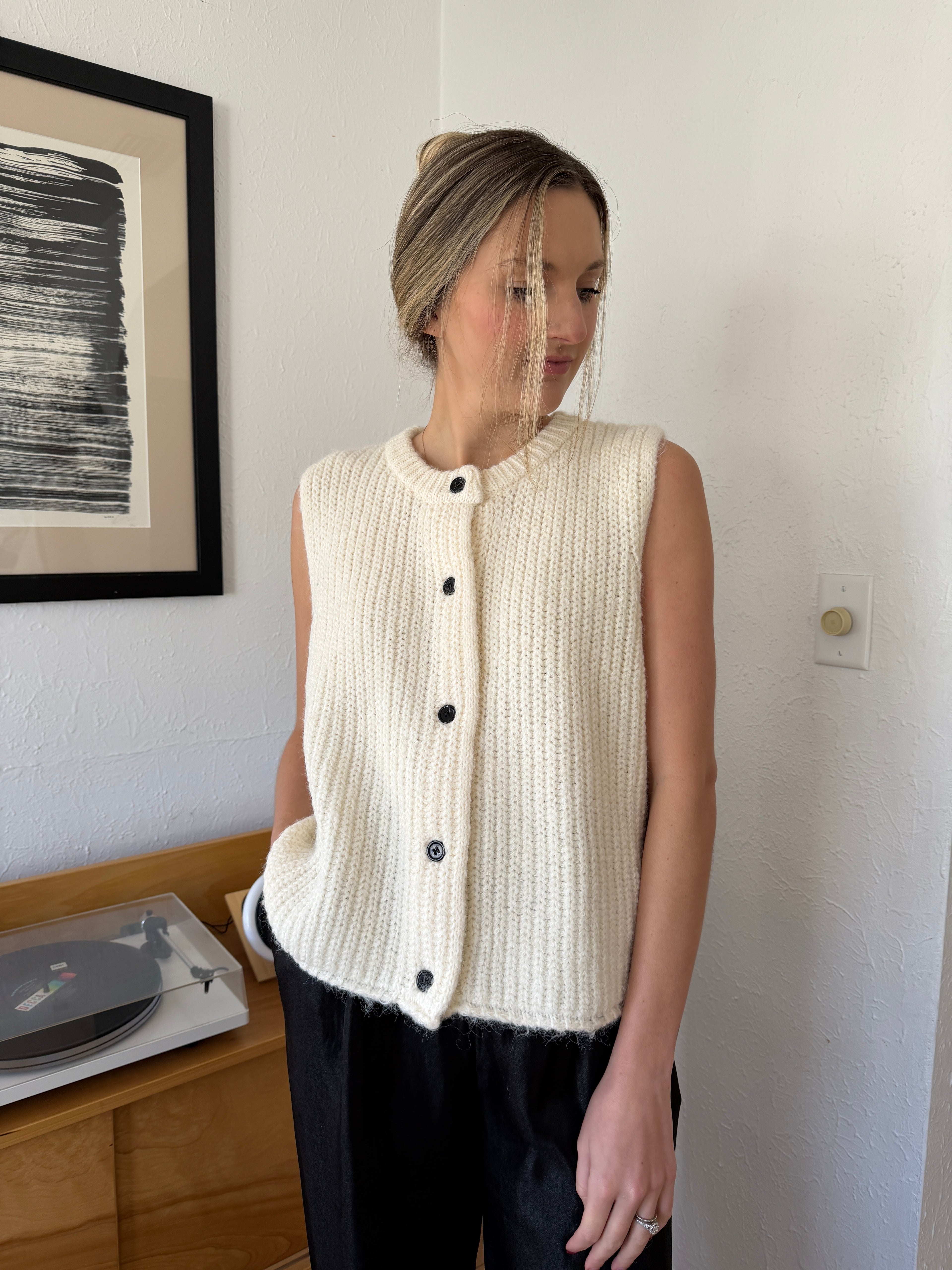 FRNCH Canelle Cream Wool Knit Buttoned Vest Top