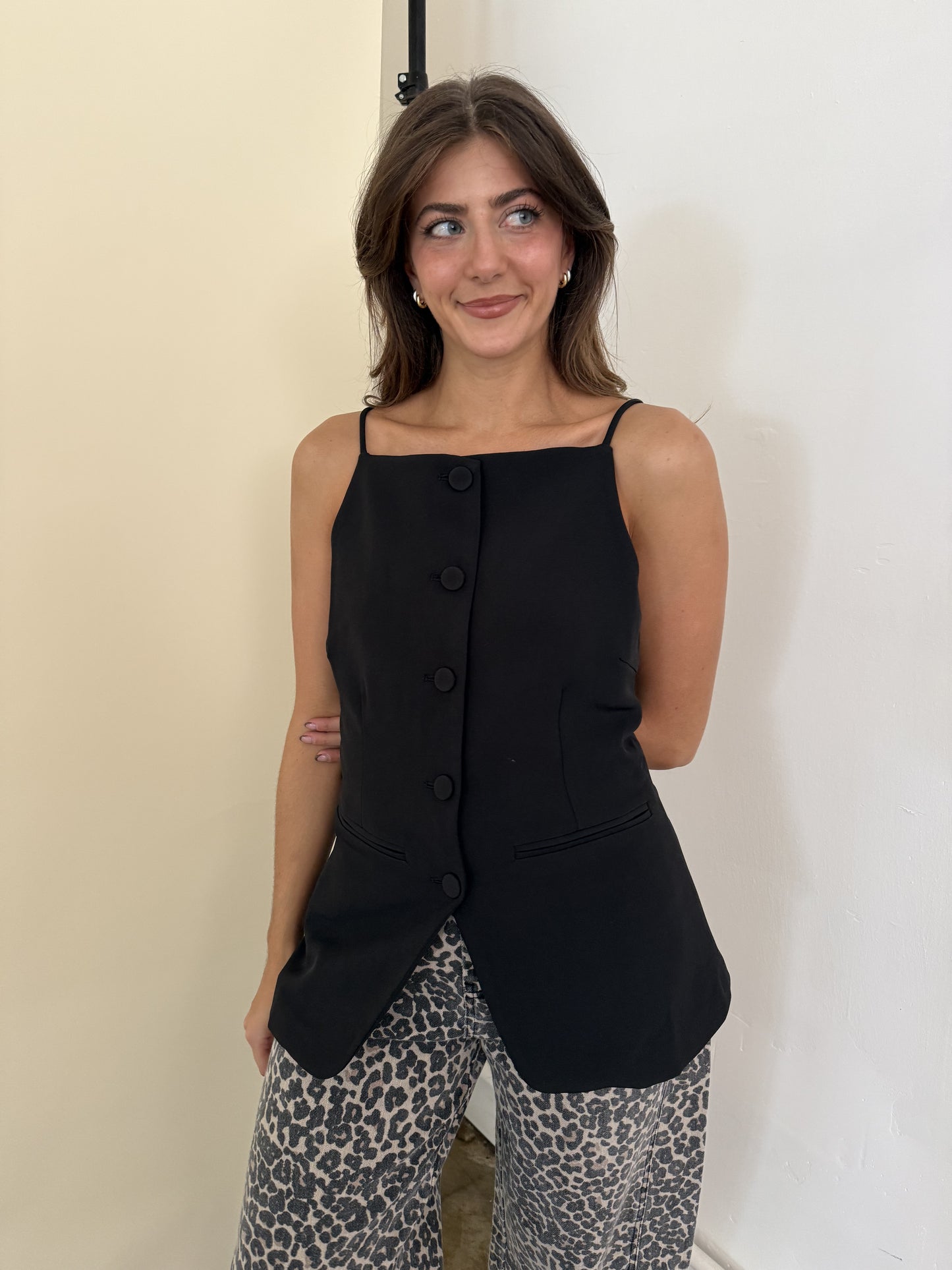 Lennon Black Buttoned Fit Flare Vest Top
