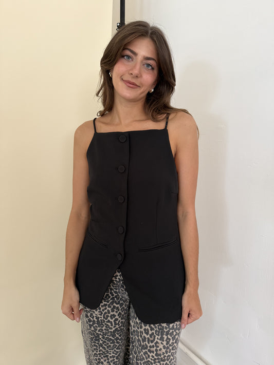 Lennon Black Buttoned Fit Flare Vest Top