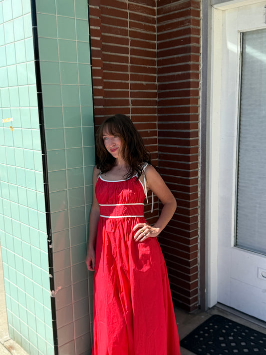 PINCH Kacie Red and Cream Cotton Tie Strap Maxi Dress