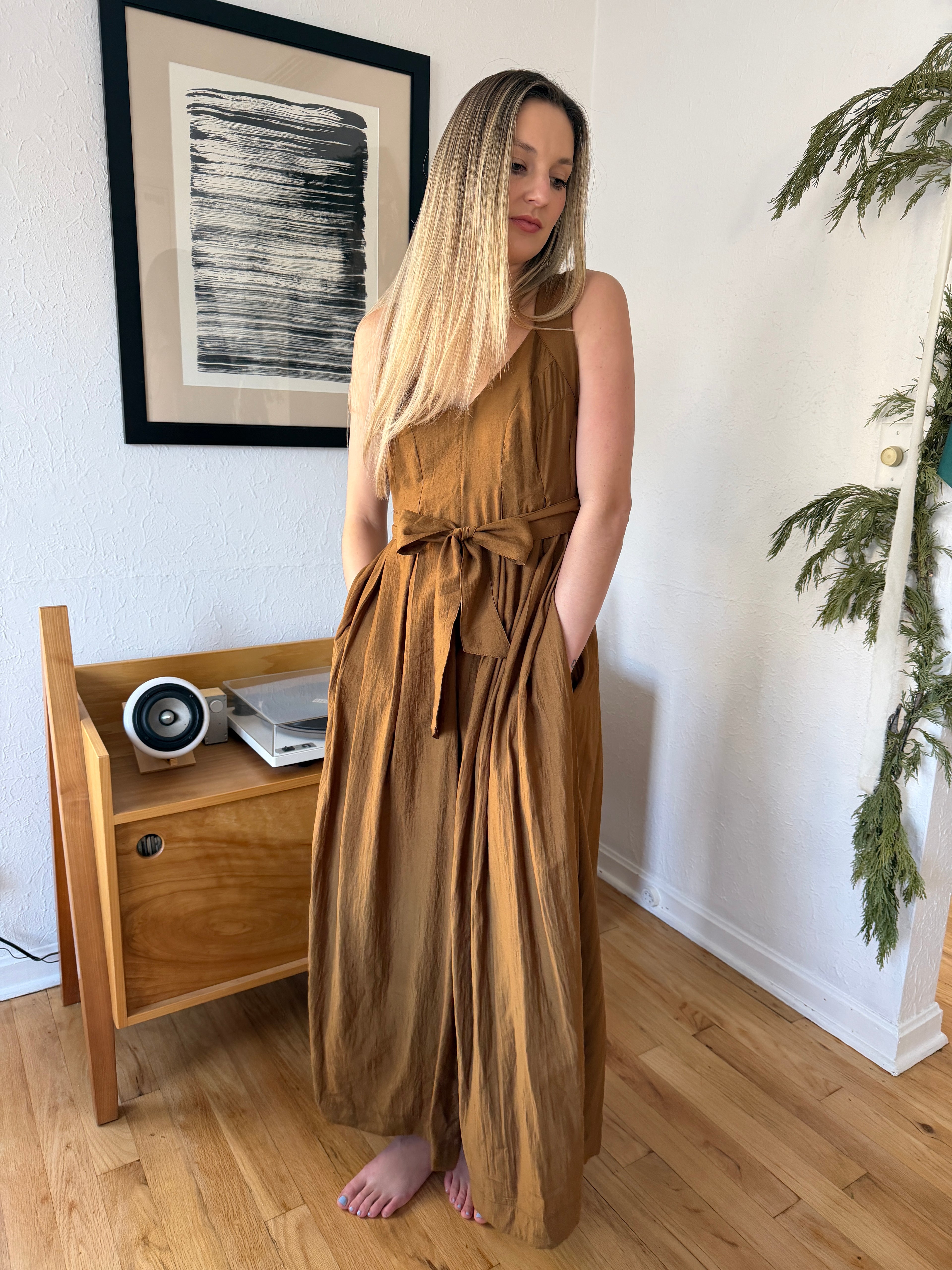 PINCH Eden Olive Green Pleated Tank Maxi Dress