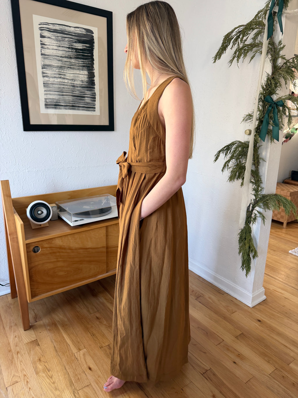 PINCH Eden Olive Green Pleated Tank Maxi Dress