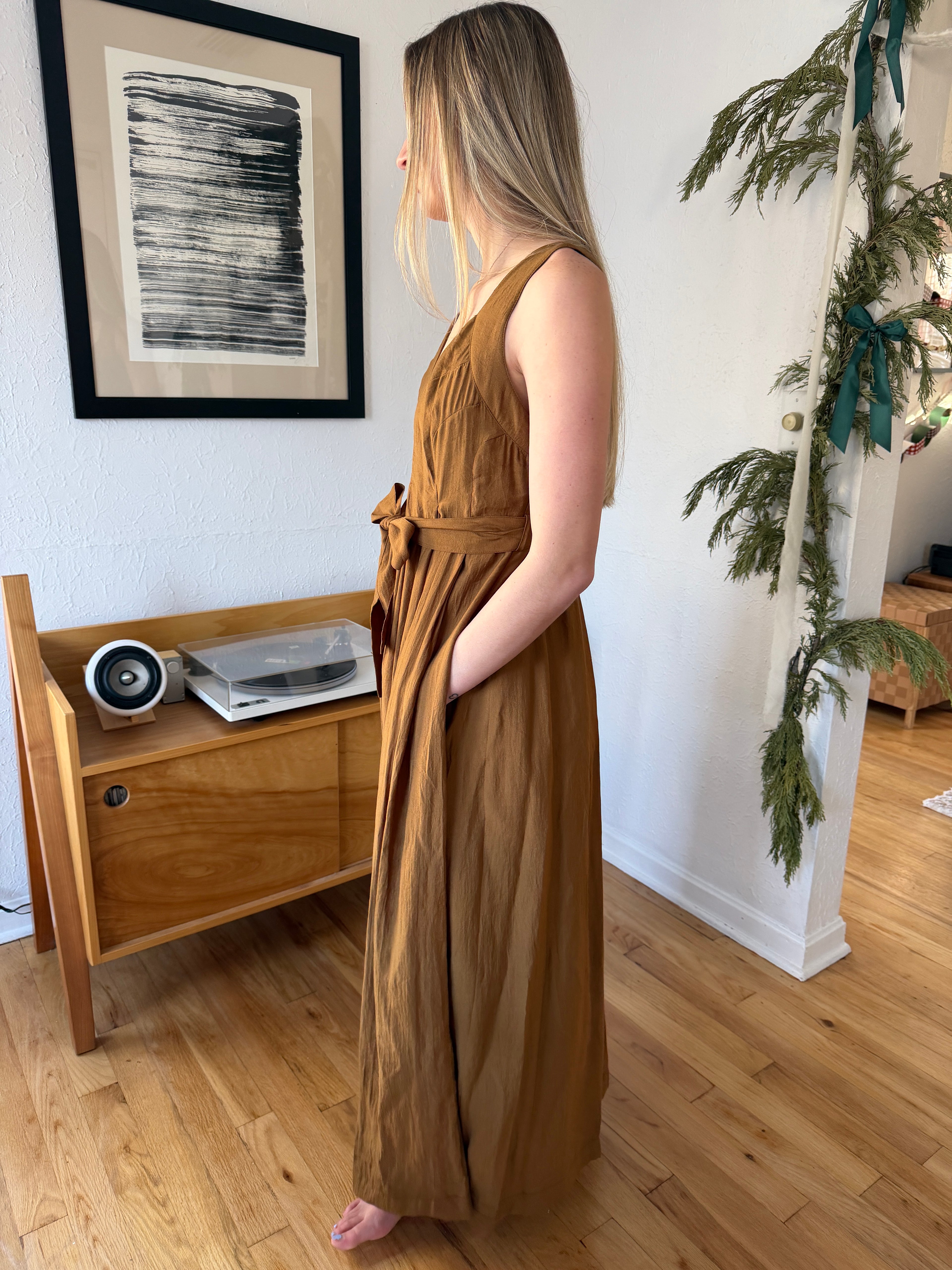 PINCH Eden Olive Green Pleated Tank Maxi Dress