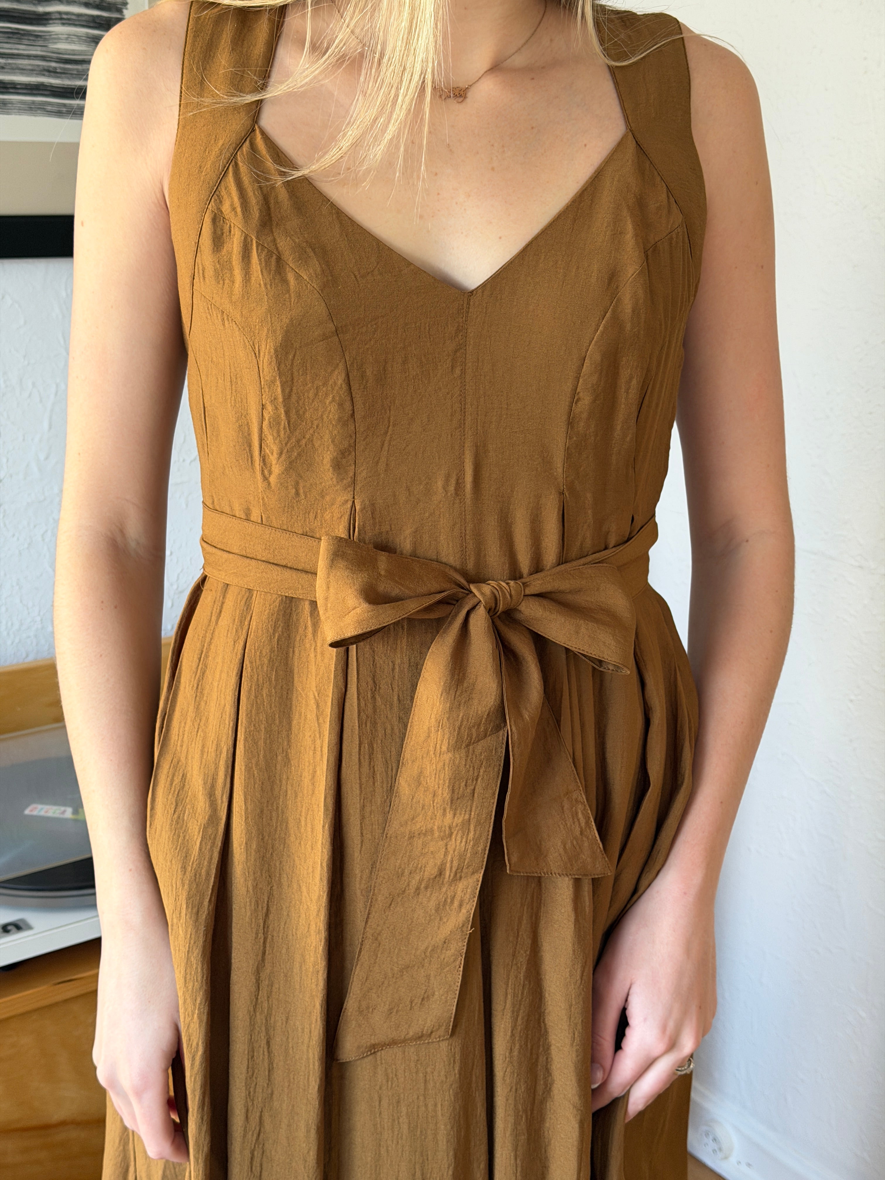pinch brown dress PINCH Daphine Solid Maxi Dress with Ball Trim Neckline M