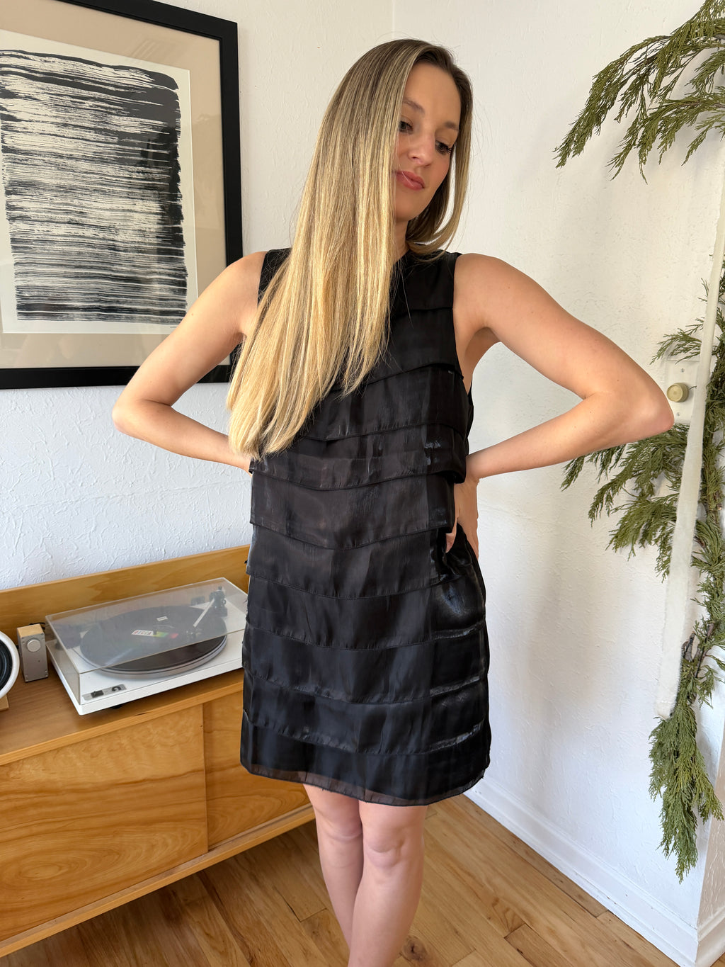 Demi Black Metallic Sheen Layered Tank Mini Dress