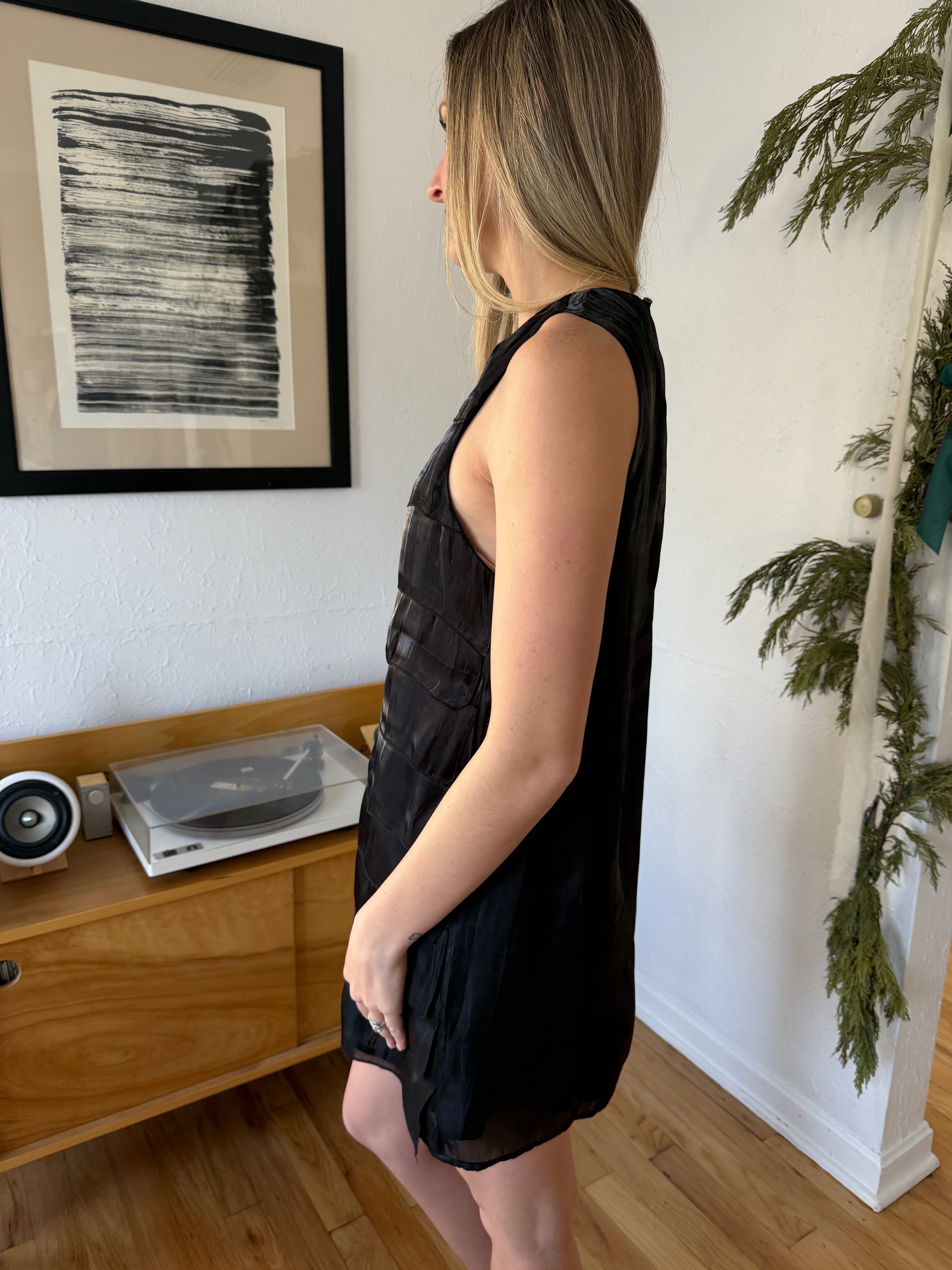 Demi Black Metallic Sheen Layered Tank Mini Dress