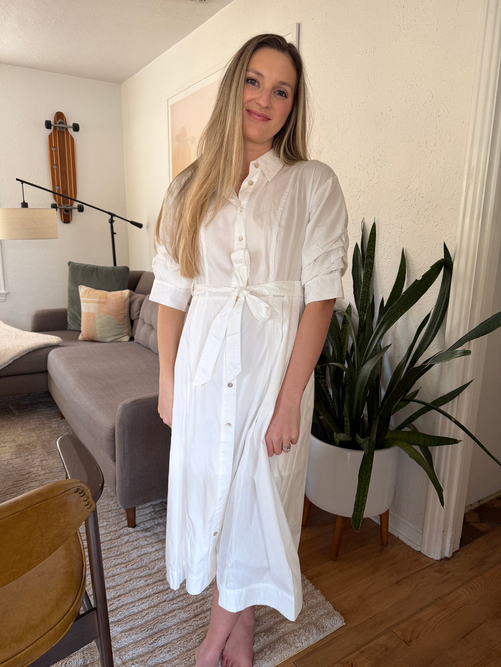 PINCH Lorraine White Tucked Sleeve Buttoned Midi Dress