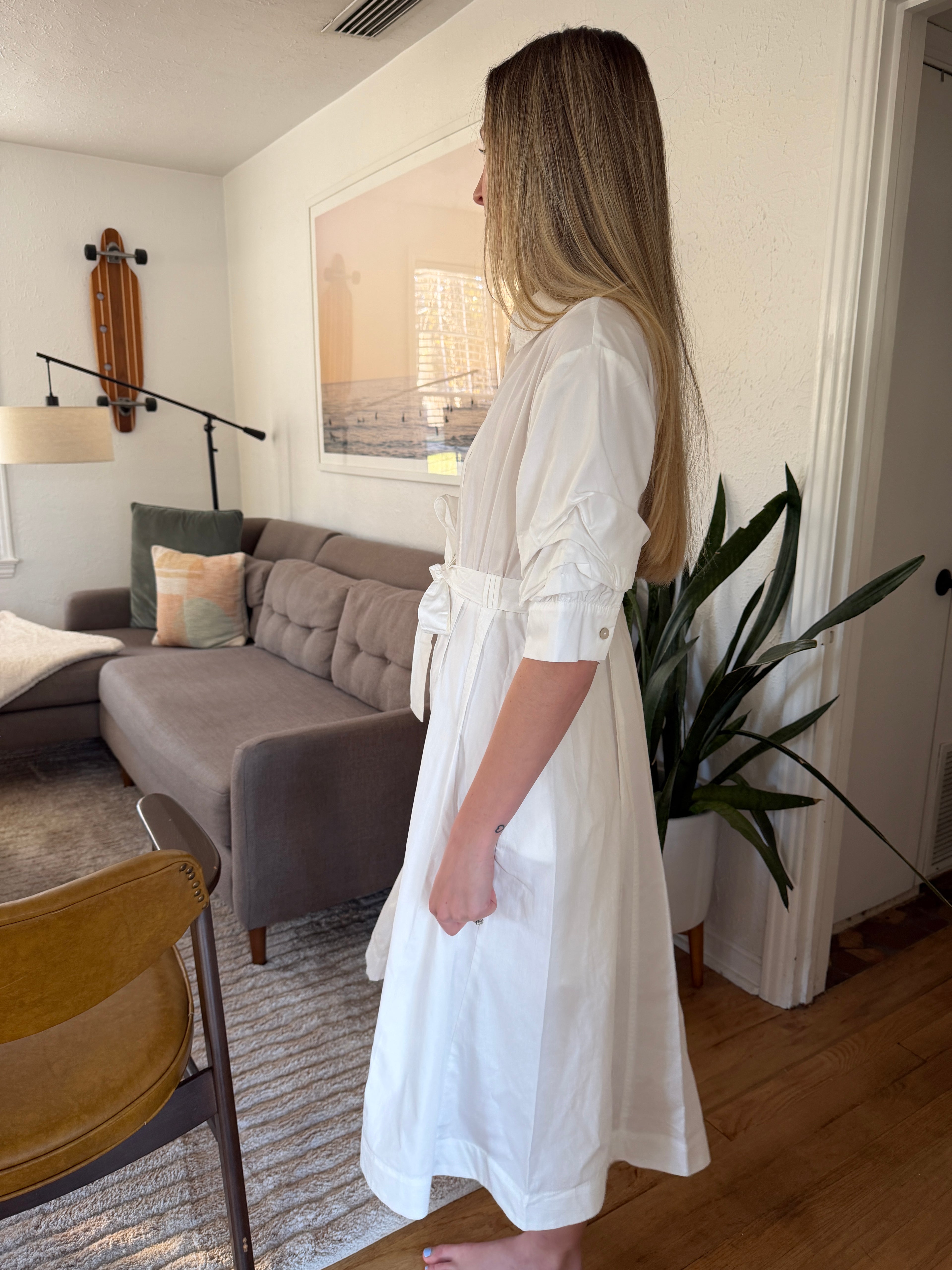 PINCH Lorraine White Tucked Sleeve Buttoned Midi Dress