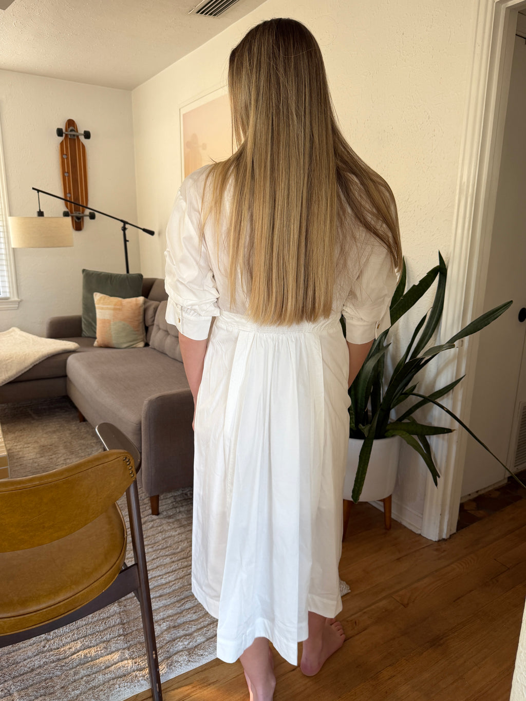 PINCH Lorraine White Tucked Sleeve Buttoned Midi Dress