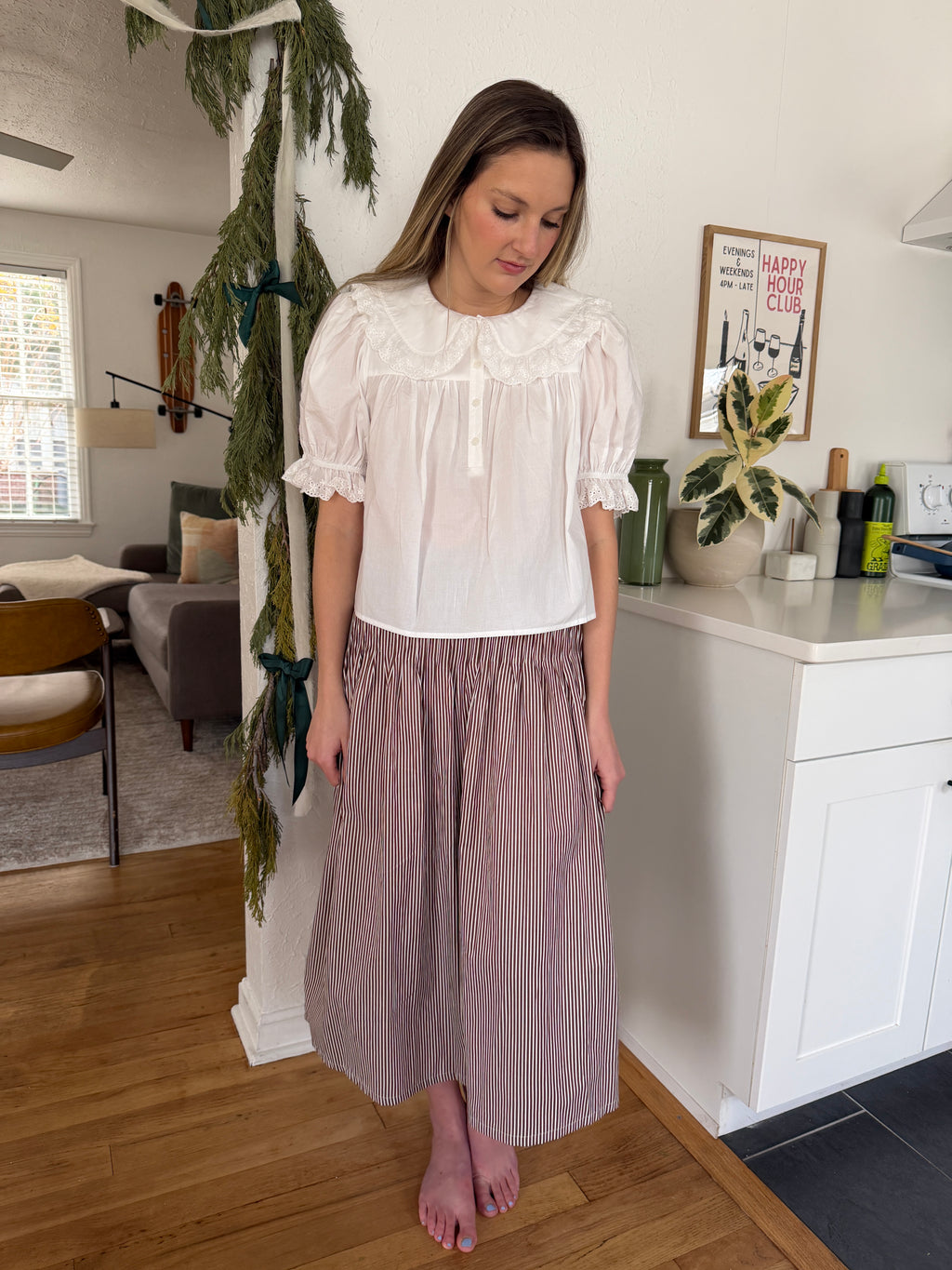 Things Between Dori Brown Pinstripe Pleated Midi Skirt