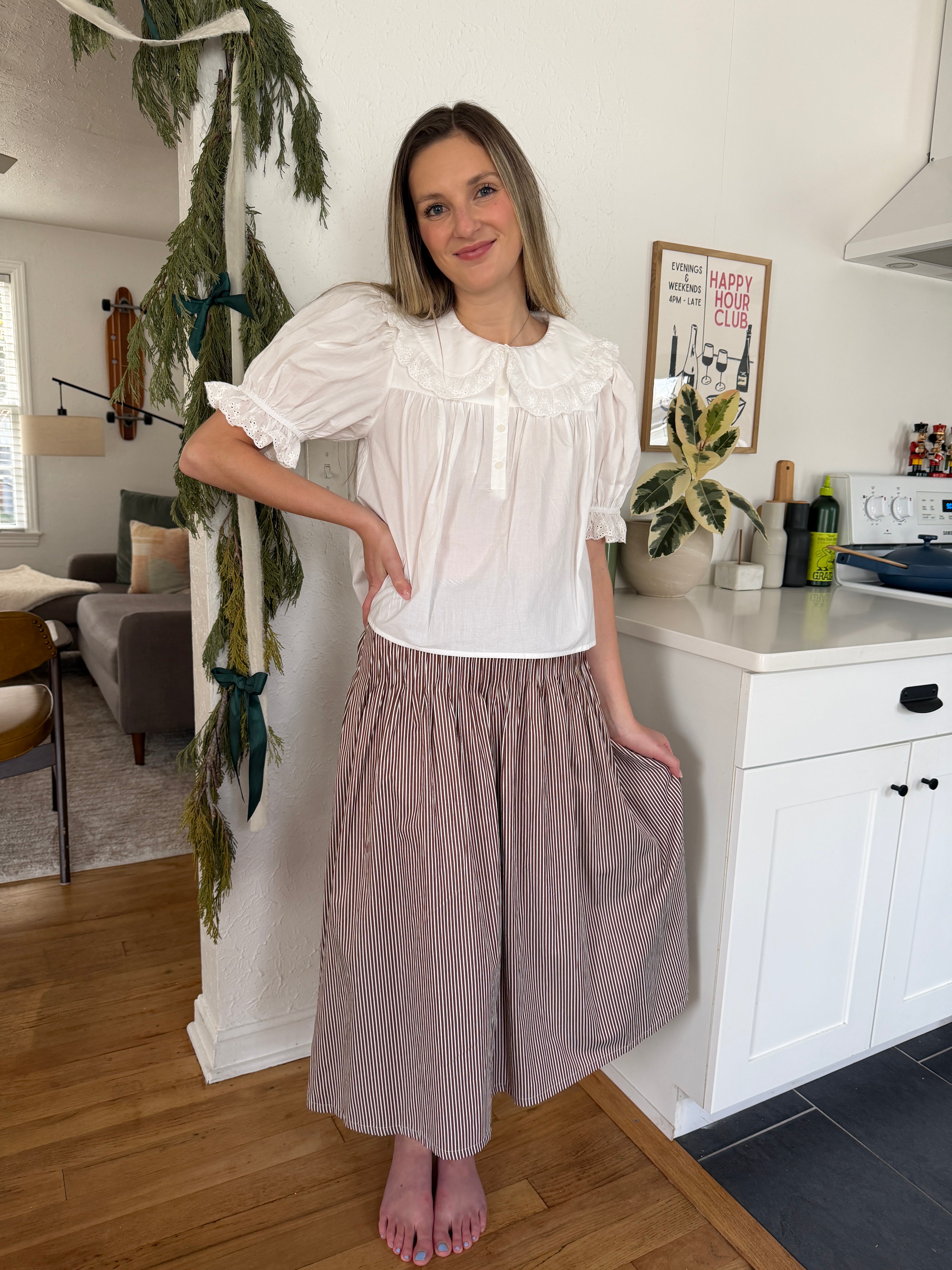 Things Between Dori Brown Pinstripe Pleated Midi Skirt