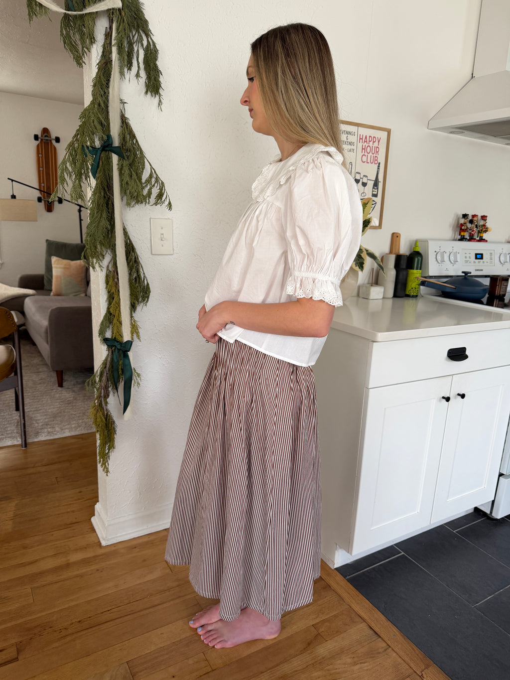 Things Between Dori Brown Pinstripe Pleated Midi Skirt