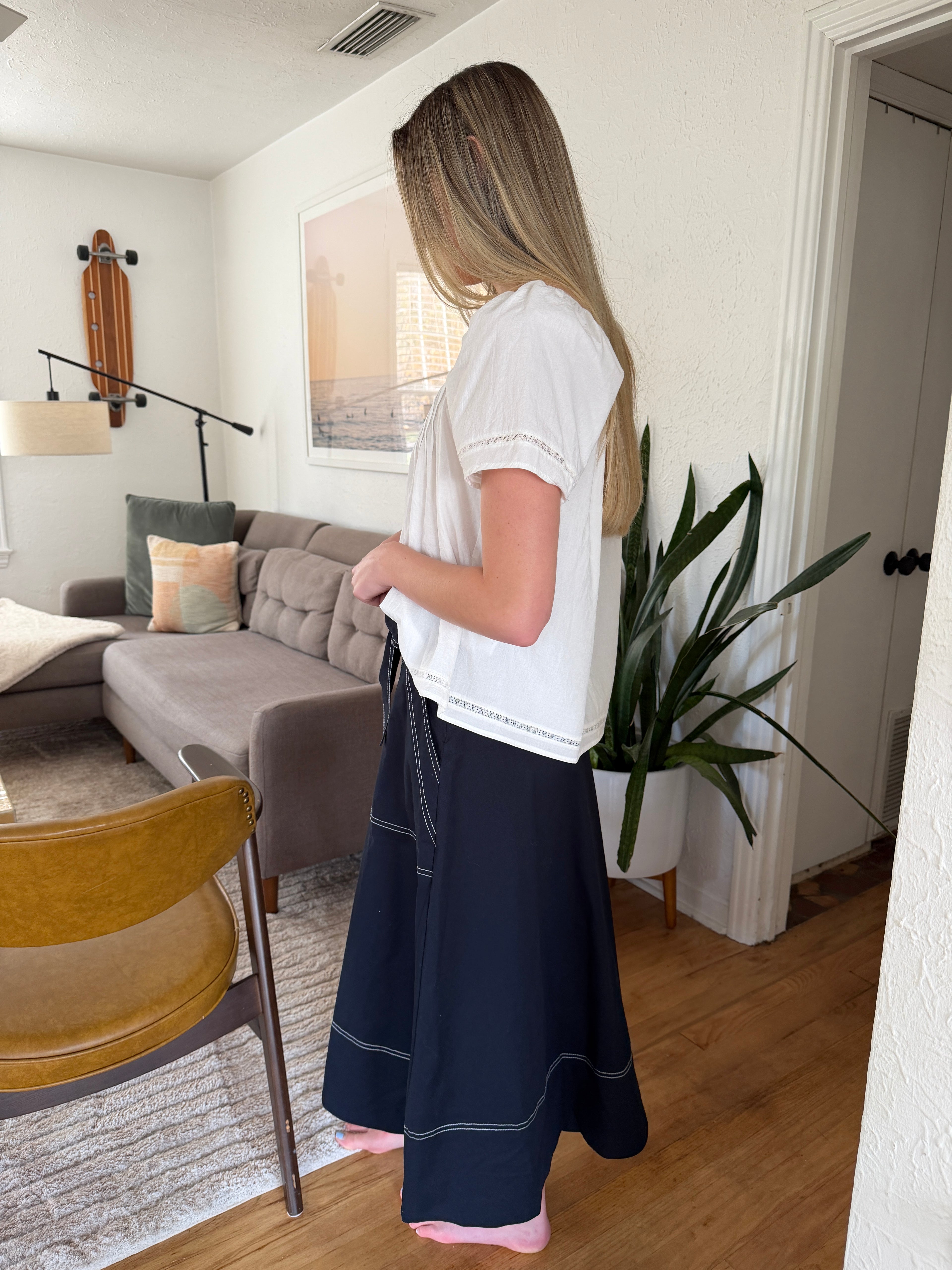Eleanor Navy Contrast Stitch Belted Midi Skirt