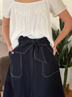 Eleanor Navy Contrast Stitch Belted Midi Skirt