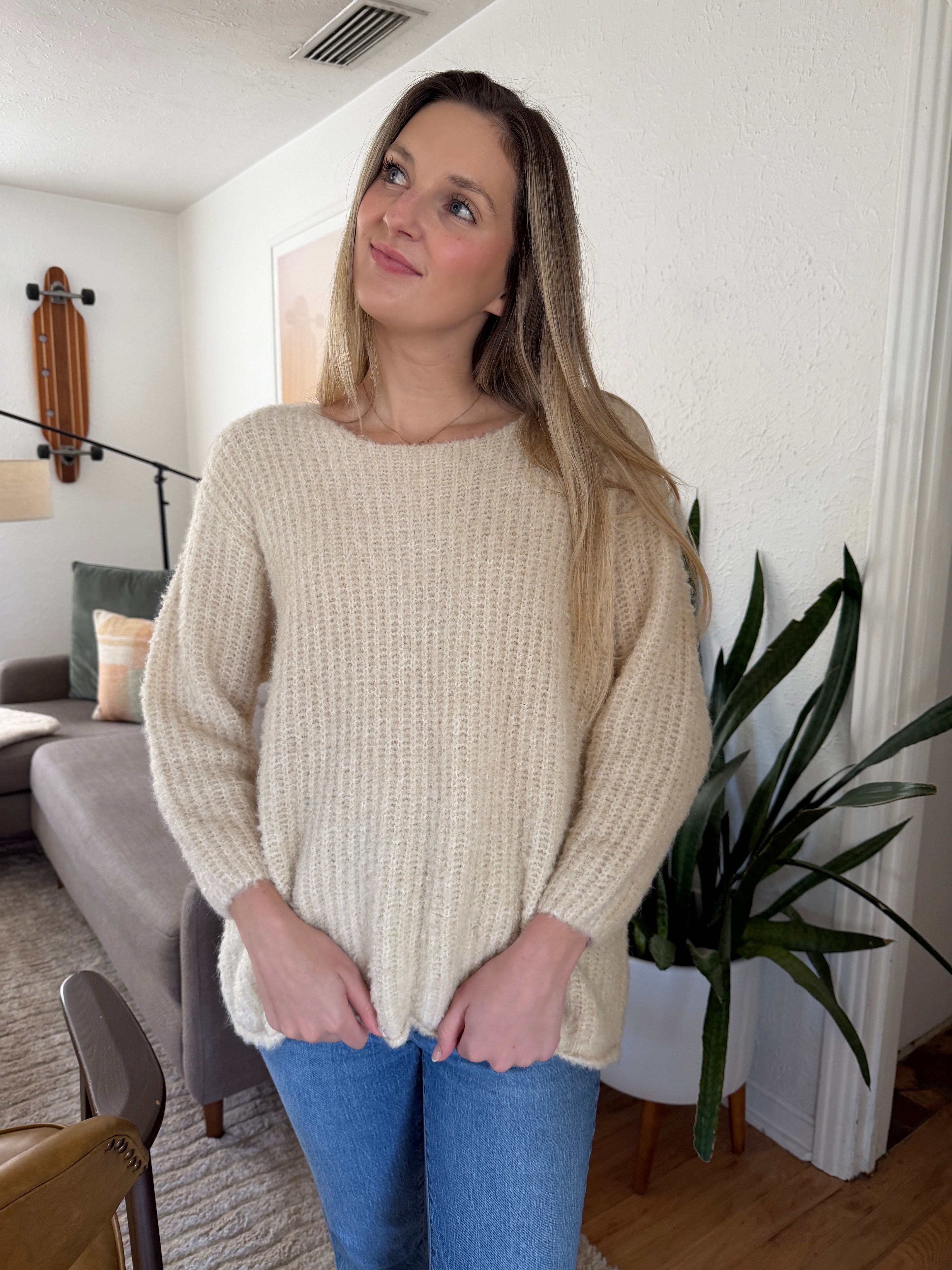 Ellie Cream Fuzzy Relaxed Rib Knit Sweater Top