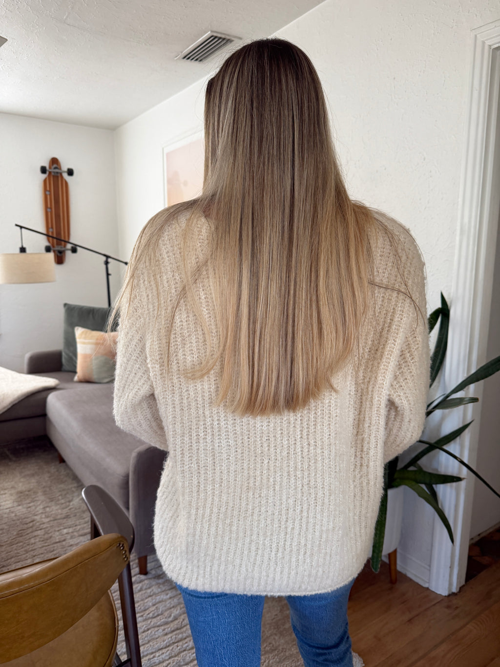 Ellie Cream Fuzzy Relaxed Rib Knit Sweater Top