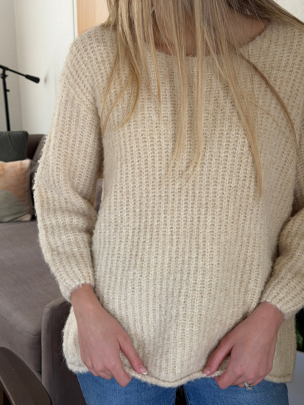 Ellie Cream Fuzzy Relaxed Rib Knit Sweater Top