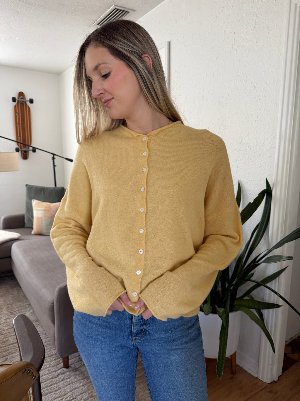 Things Between Piper Knit Rolled Hem Button Cardigan (Honey Yellow)