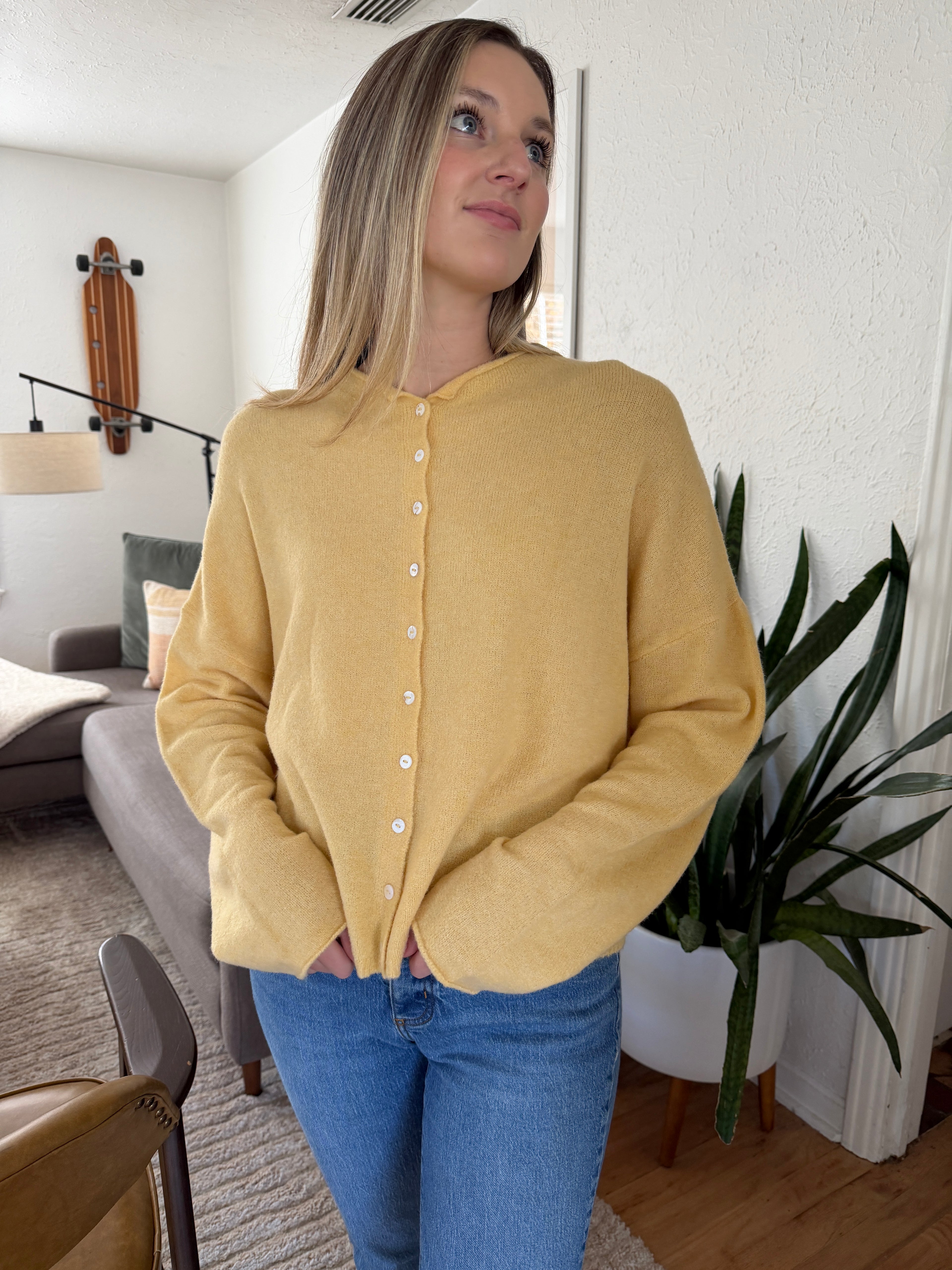 Things Between Piper Knit Rolled Hem Button Cardigan (Honey Yellow)