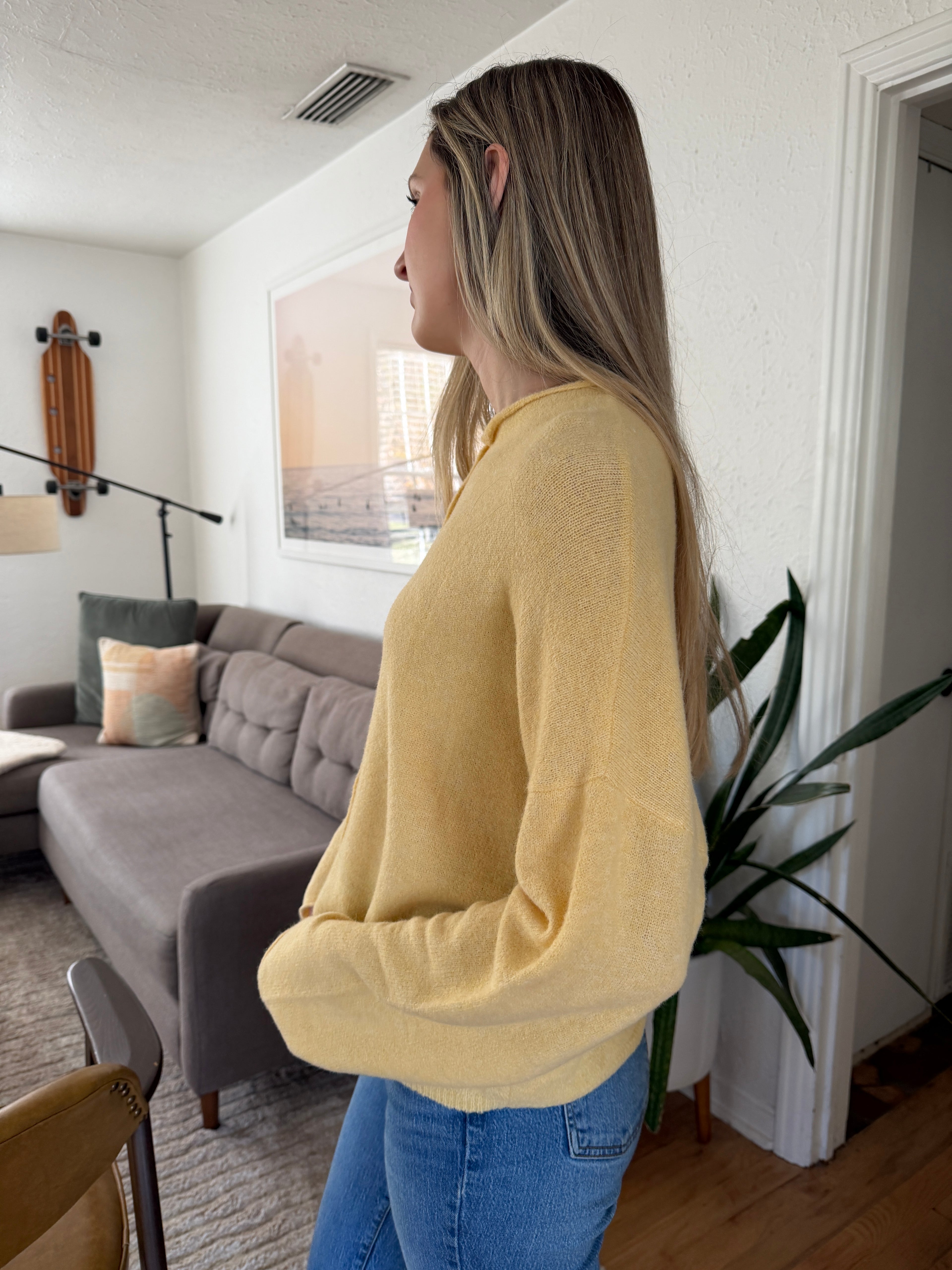 Things Between Piper Knit Rolled Hem Button Cardigan (Honey Yellow)