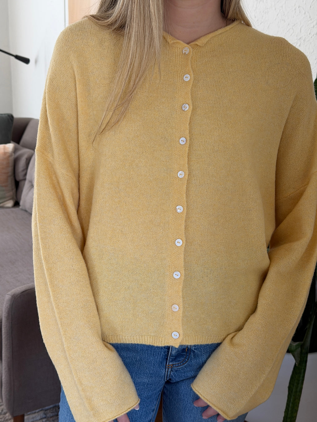 Things Between Piper Knit Rolled Hem Button Cardigan (Honey Yellow)