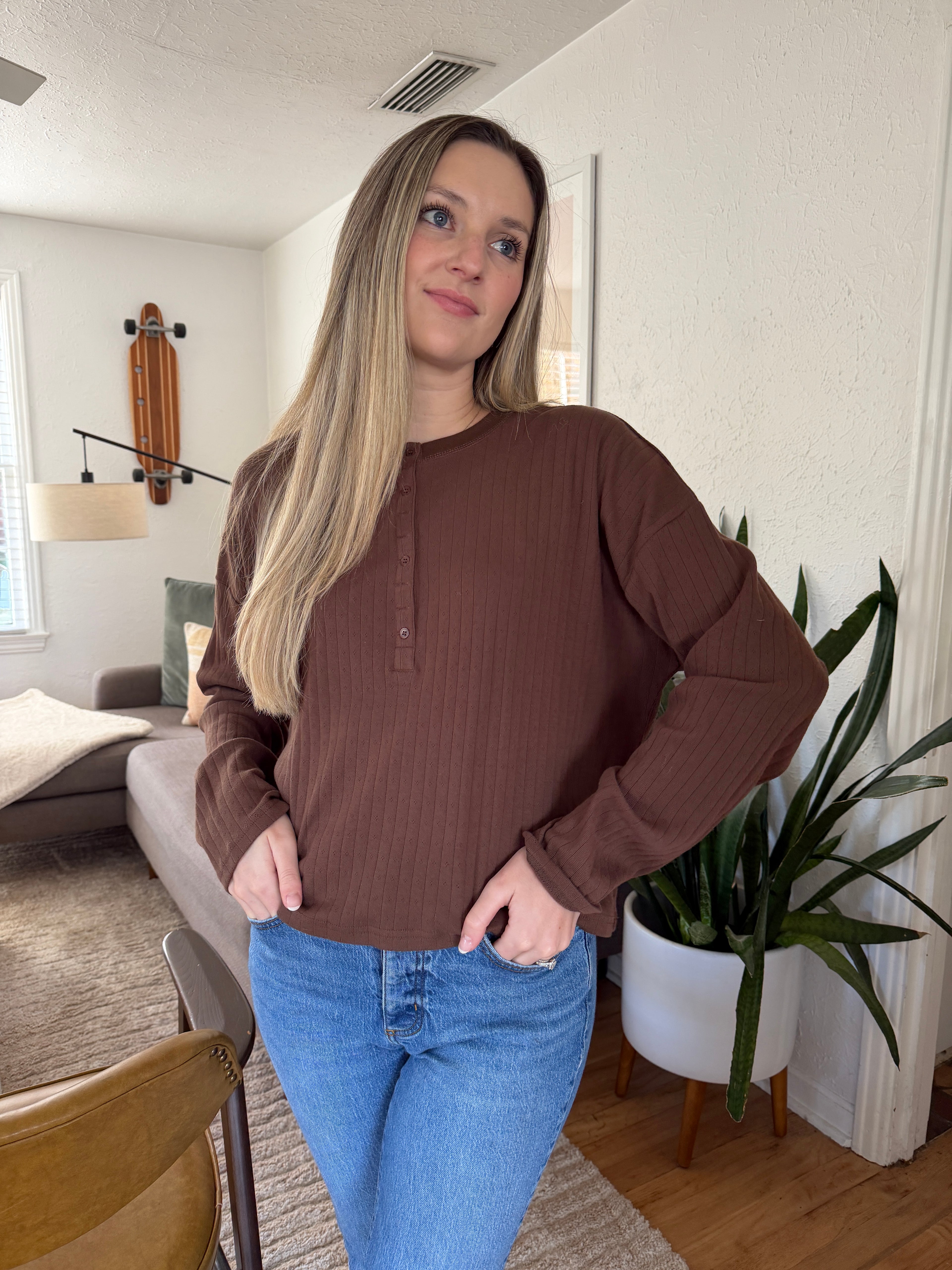 Things Between Darcy Brown Pointelle Henley Long Sleeve Top