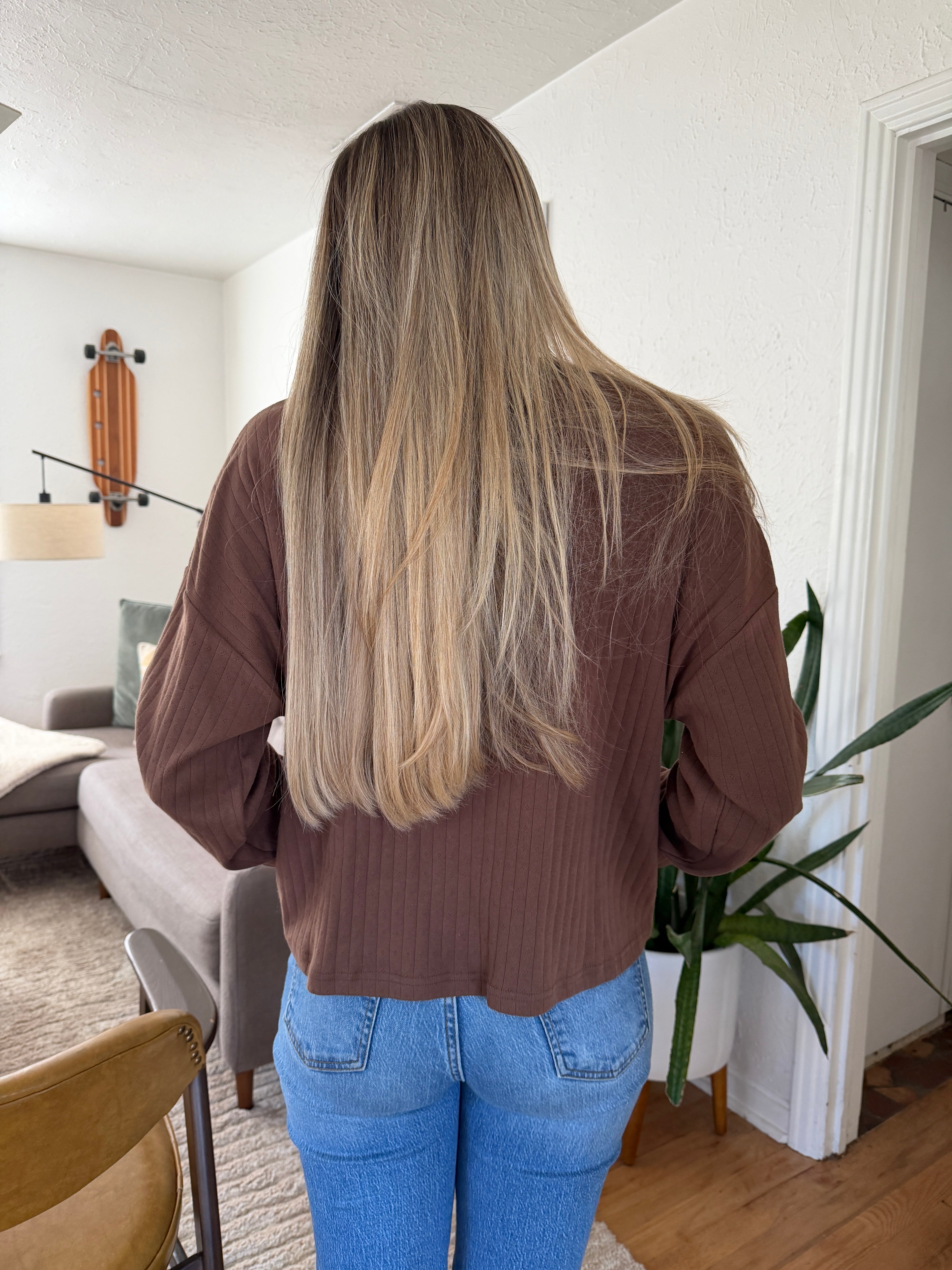 Things Between Darcy Brown Pointelle Henley Long Sleeve Top