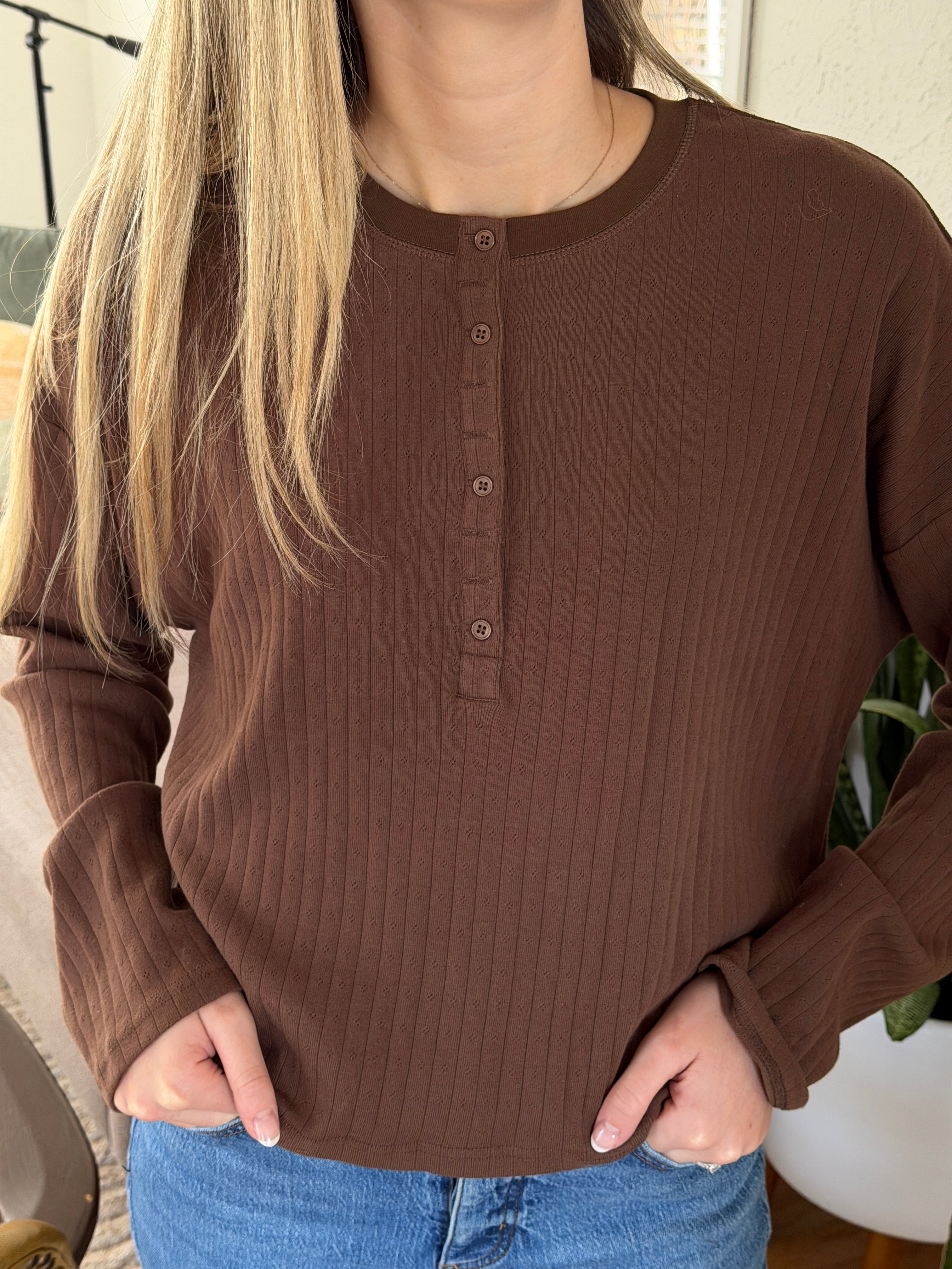 Things Between Darcy Brown Pointelle Henley Long Sleeve Top