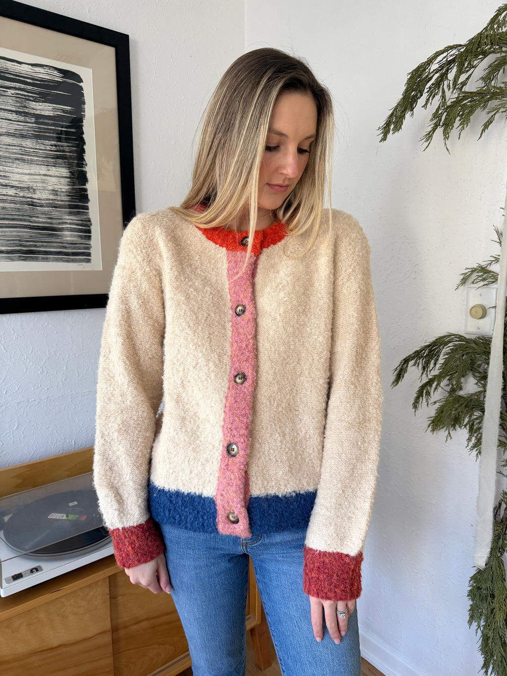 FRNCH Megane Cream Color Block Buttoned Cardigan