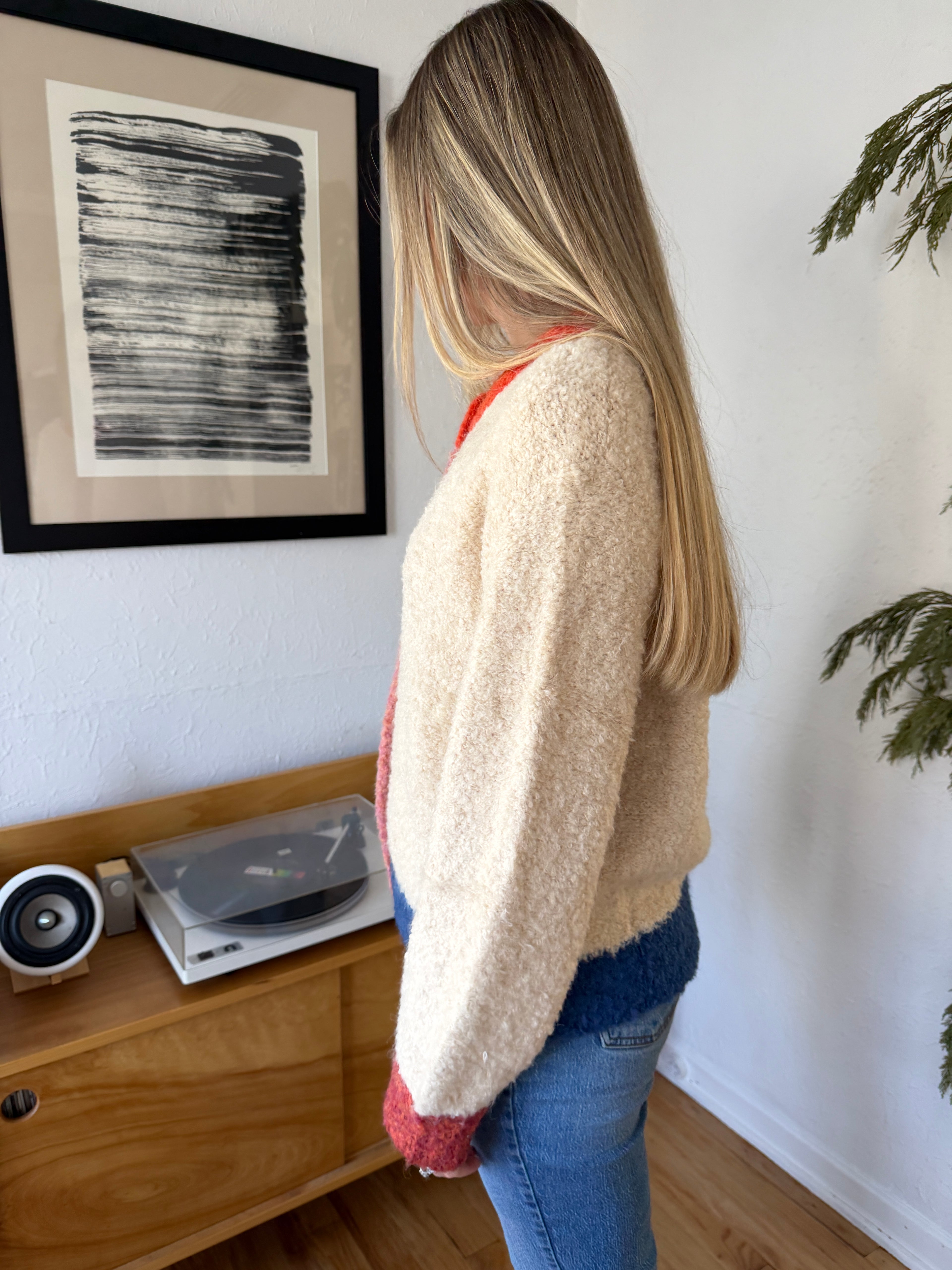 FRNCH Megane Cream Color Block Buttoned Cardigan