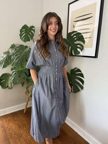 Aureum Lori Striped Button Pleated Midi Dress (Navy)