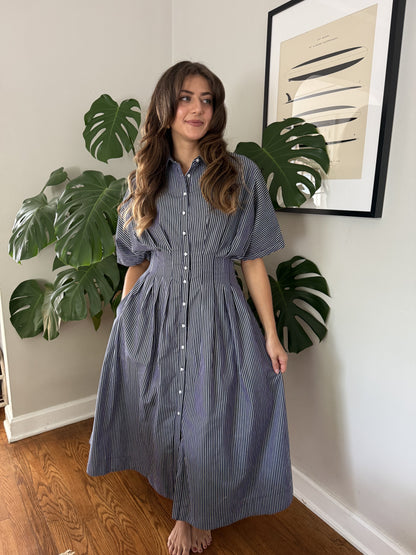 Aureum Lori Striped Button Pleated Midi Dress (Navy)