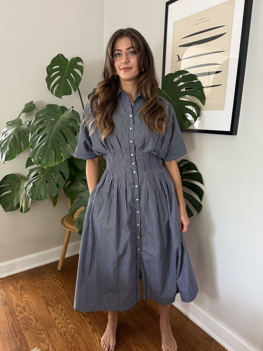 Aureum Lori Striped Button Pleated Midi Dress (Navy)