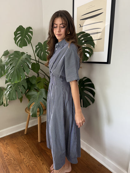 Aureum Lori Striped Button Pleated Midi Dress (Navy)