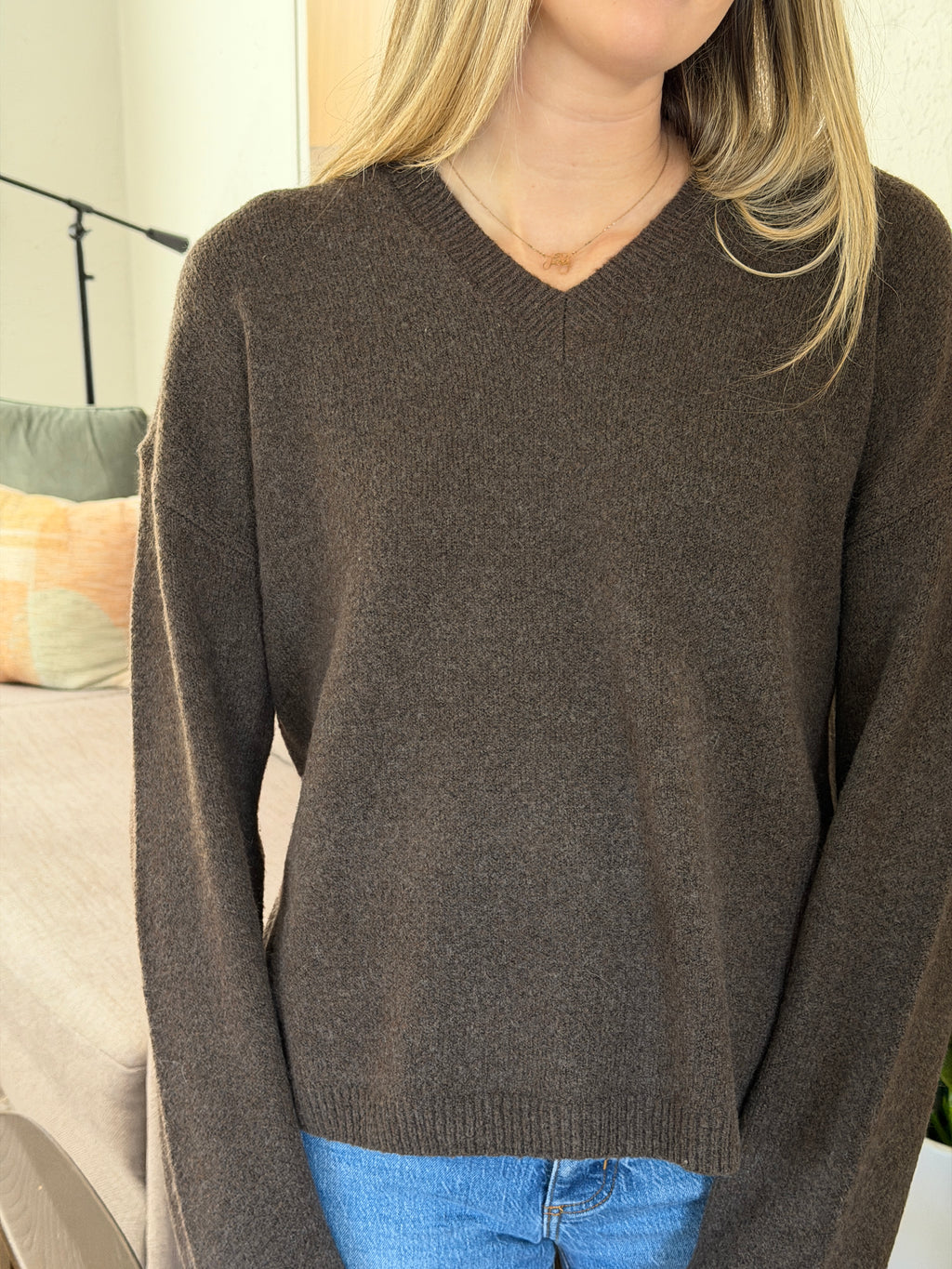 Dallas Stretch Knit V-Neck Relaxed Pullover Sweater (Brown)