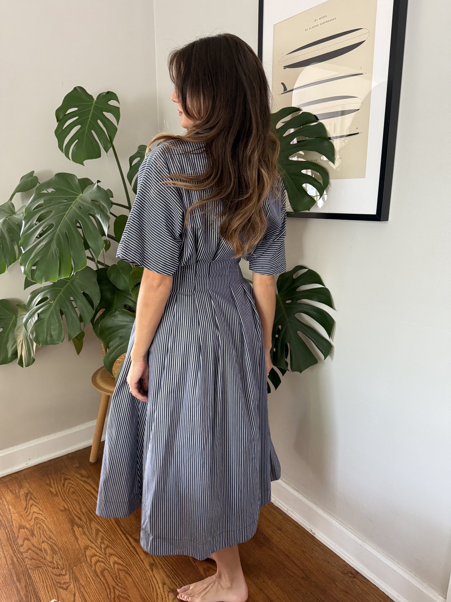 Aureum Lori Striped Button Pleated Midi Dress (Navy)