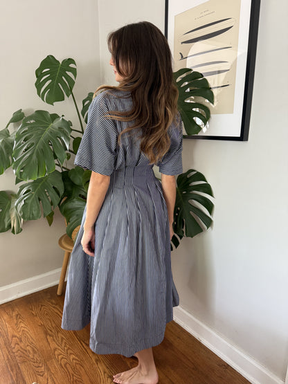 Aureum Lori Striped Button Pleated Midi Dress (Navy)