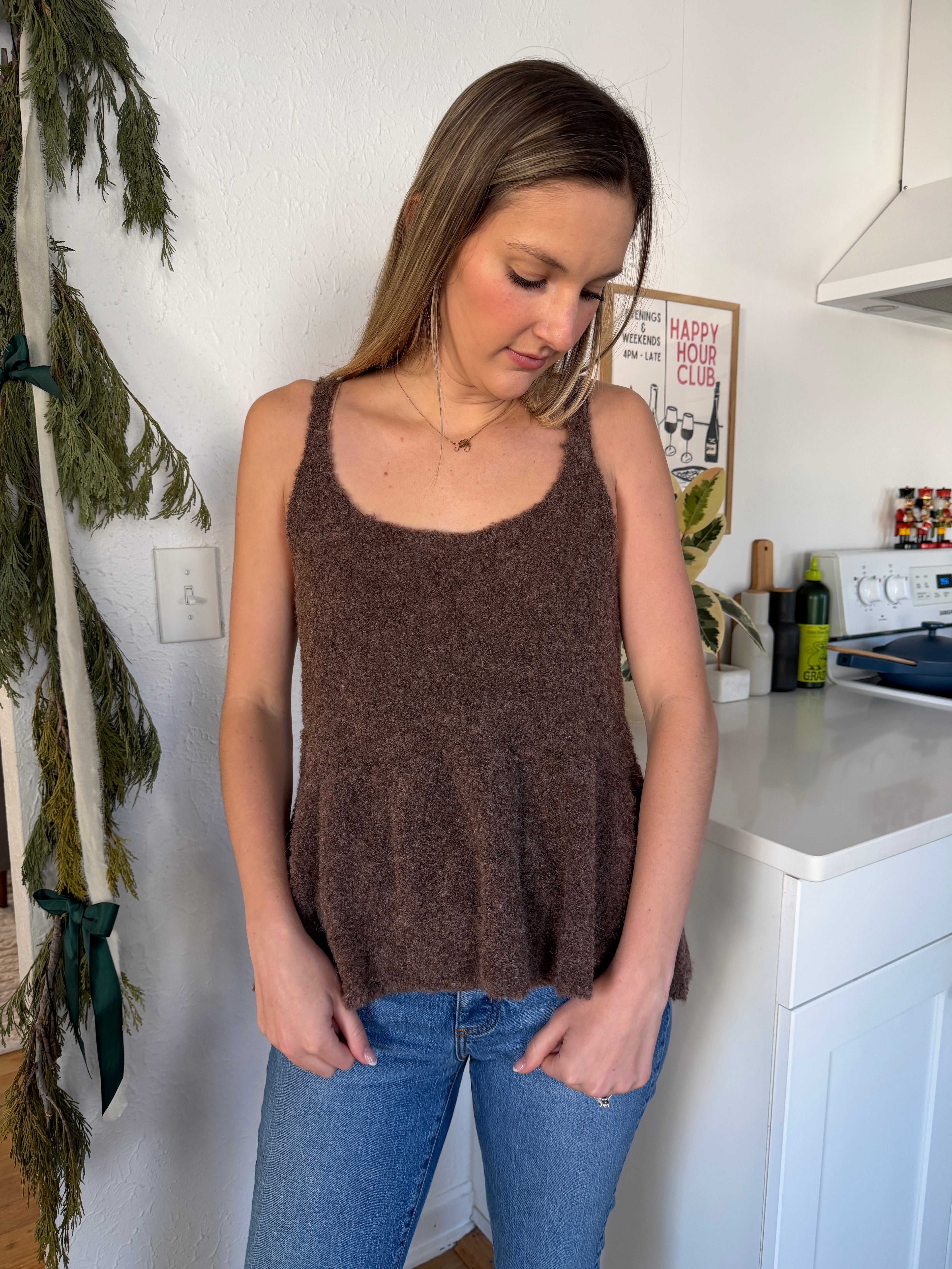 Things Between Daphne Brown Fuzzy Peplum Tank Top