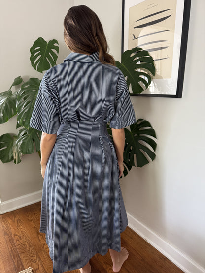 Aureum Lori Striped Button Pleated Midi Dress (Navy)