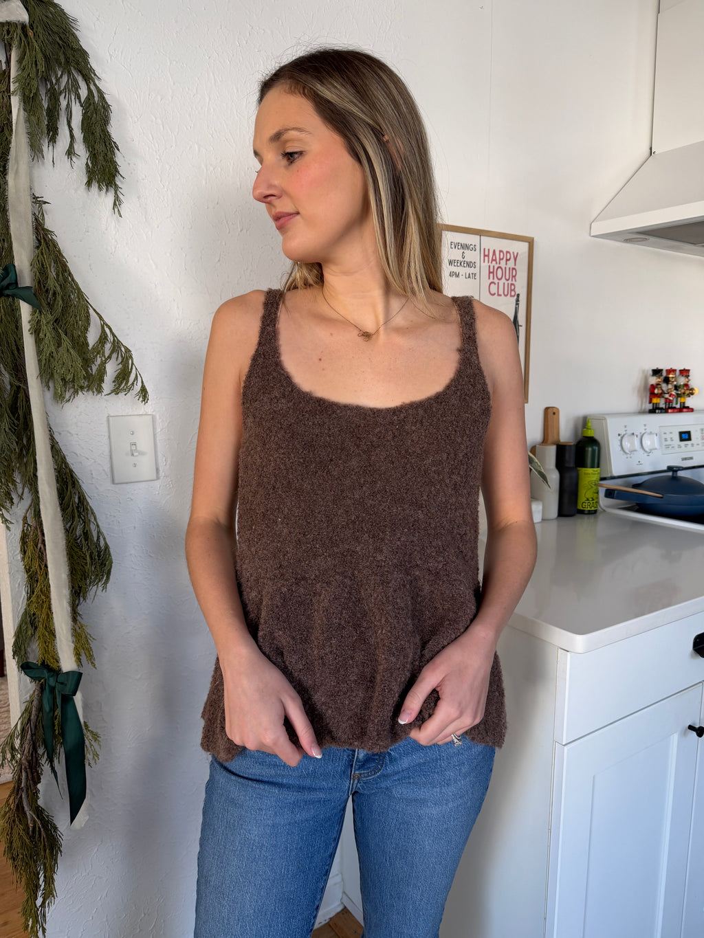 Things Between Daphne Brown Fuzzy Peplum Tank Top