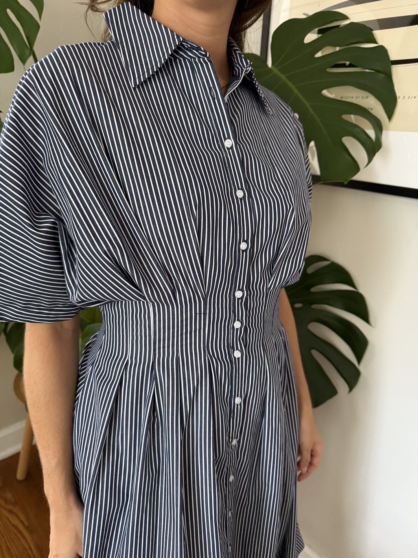 Aureum Lori Striped Button Pleated Midi Dress (Navy)